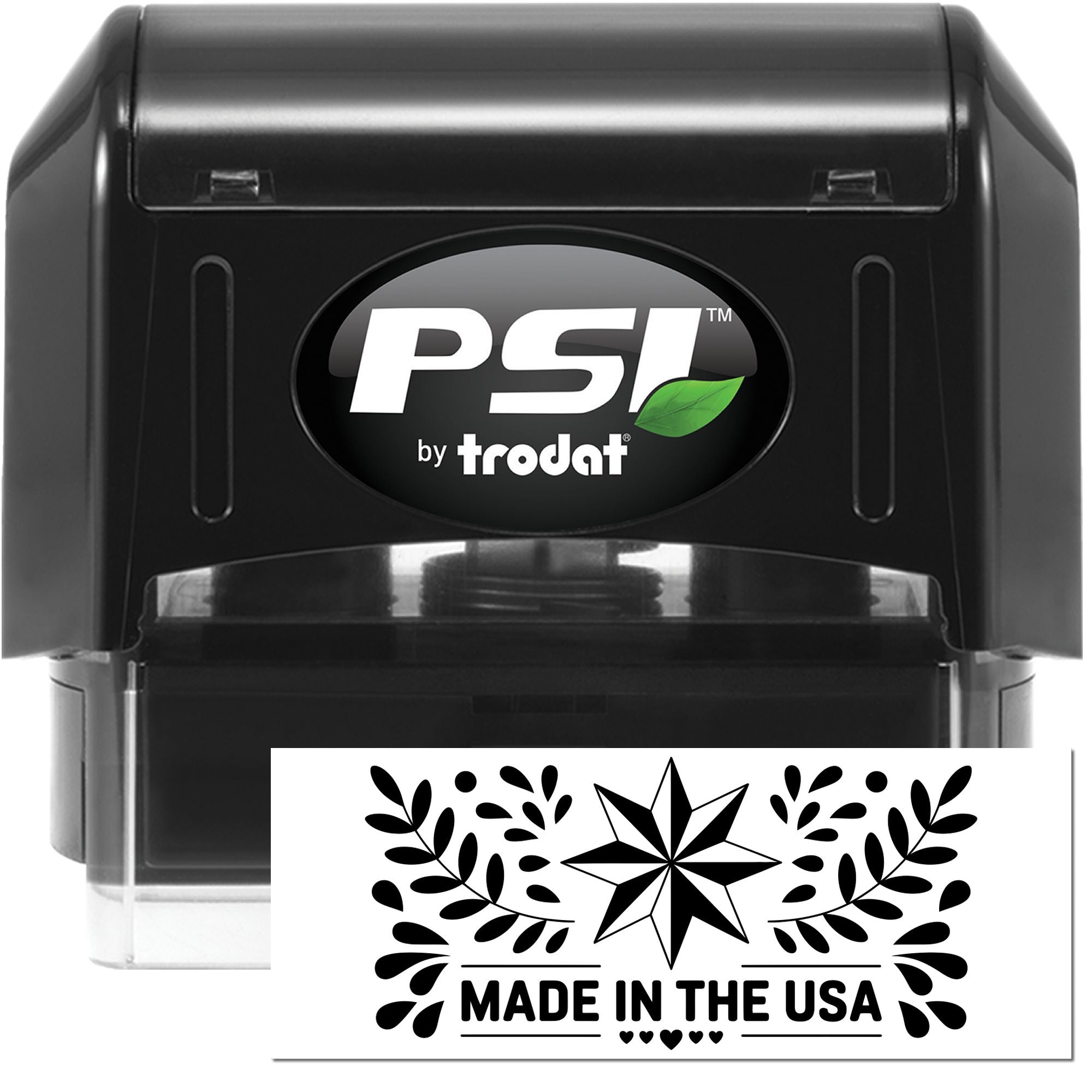 PSI by Trodat self-inking rubber stamp with Made in the USA design for custom branding and packaging.