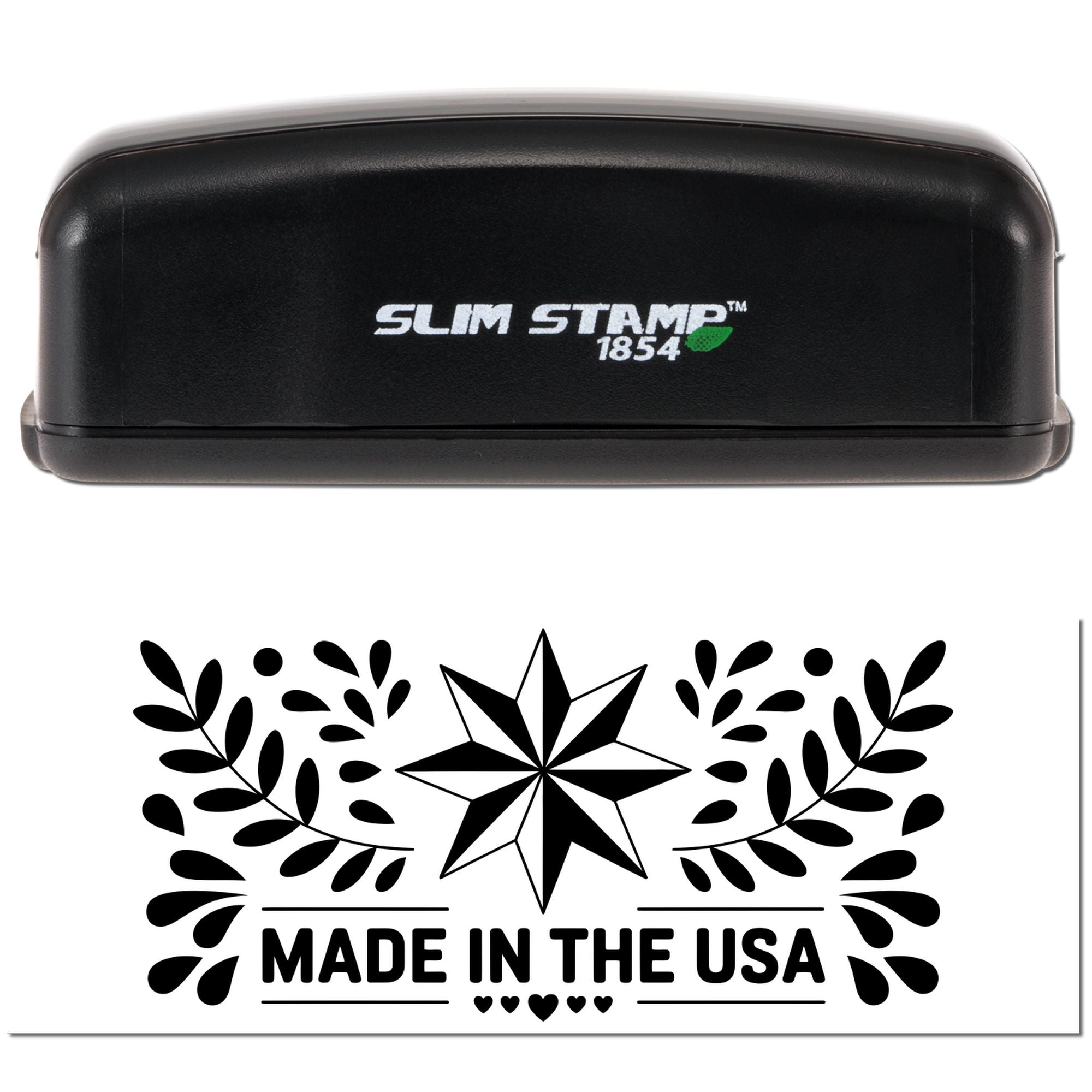 Slim Stamp 1854 self-inking rubber stamp with Made in the USA design for custom product branding.