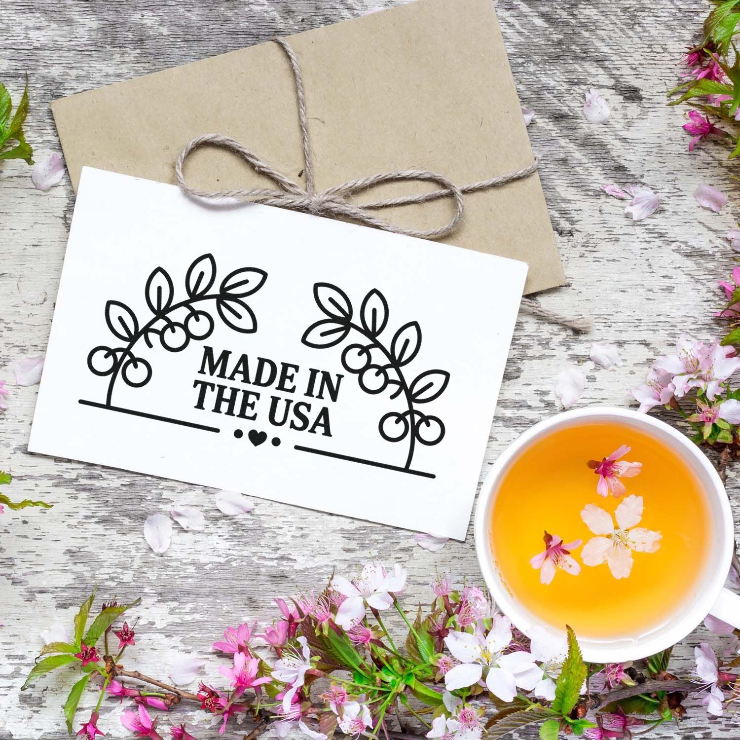 Made in the USA floral rubber stamp design for handmade packaging, patriotic gift tags, and small business branding.