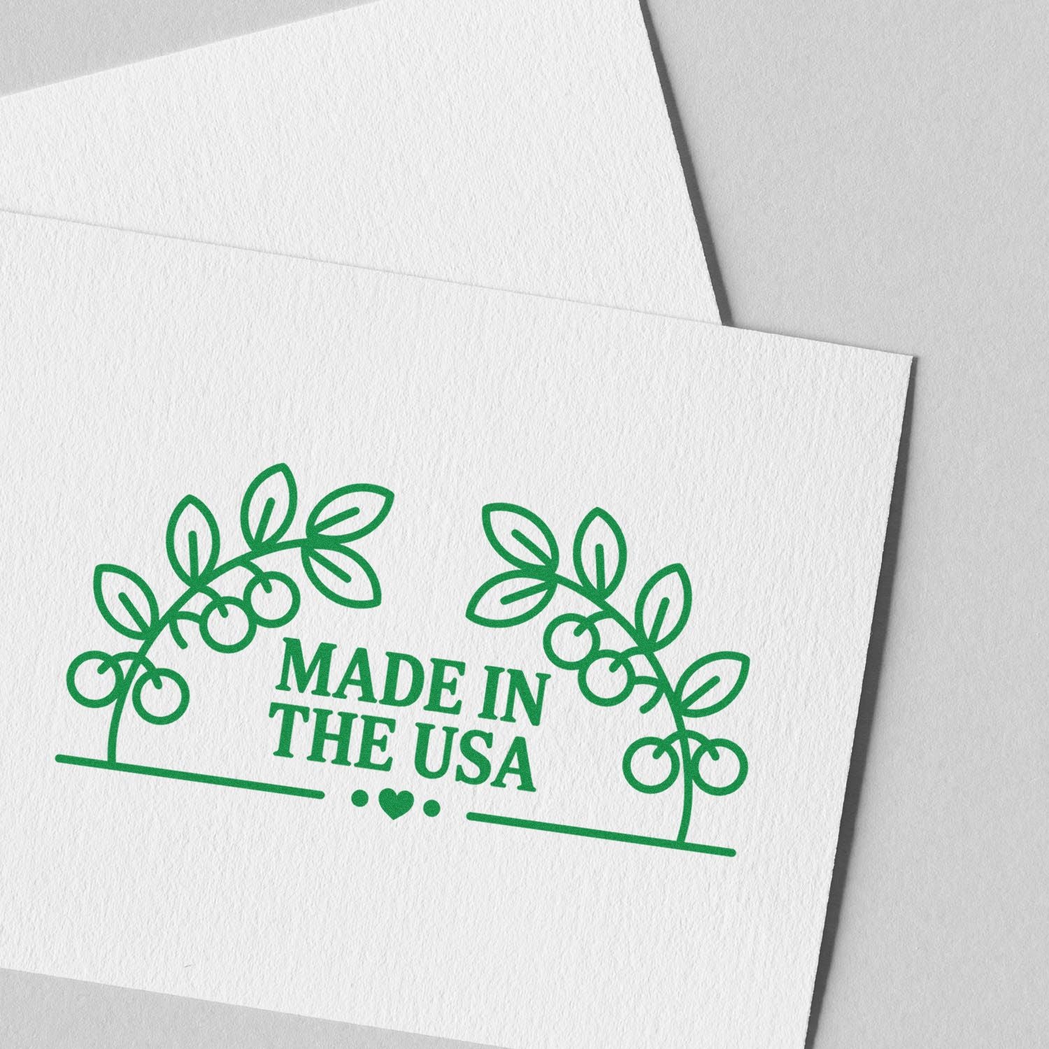 Made in the USA rubber stamp with floral border for packaging, branding, and handmade product labeling.