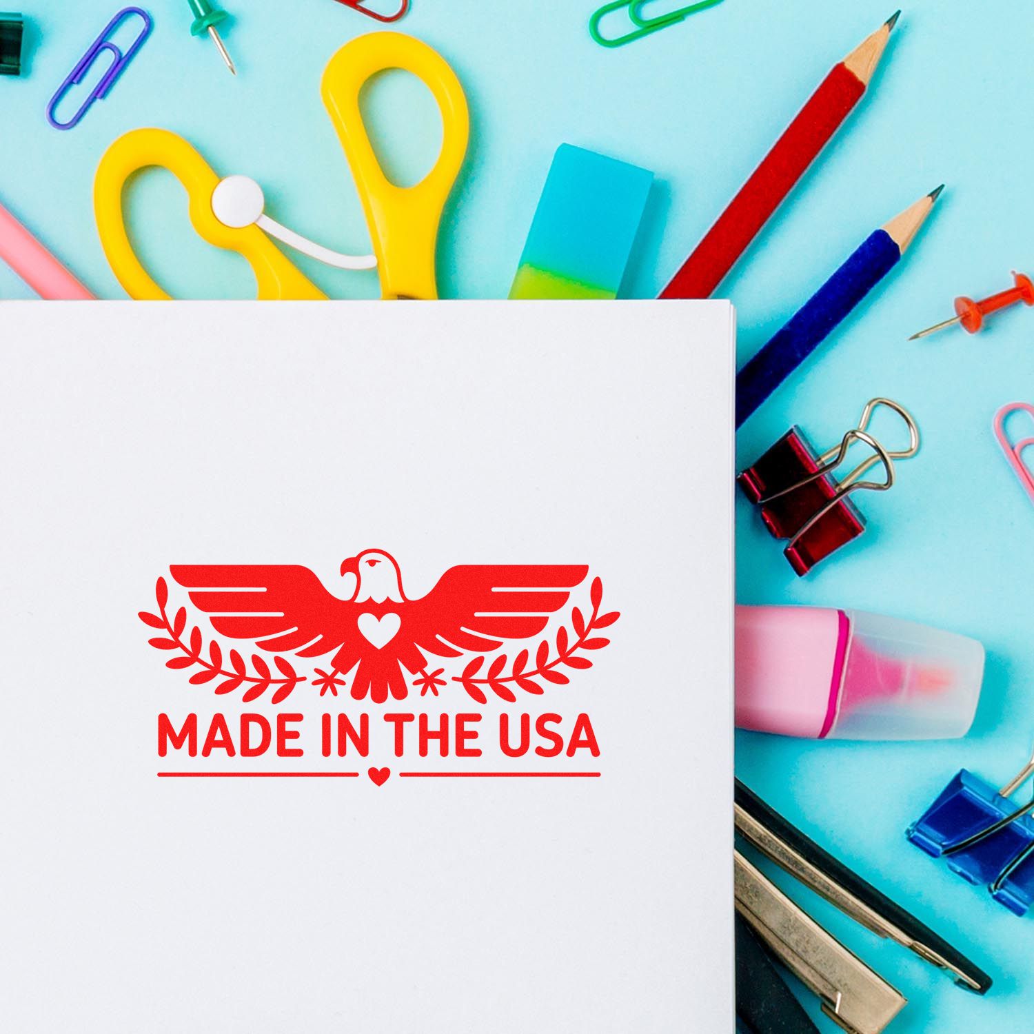 Made in the USA eagle rubber stamp design for patriotic branding, custom packaging, and handmade business labels.