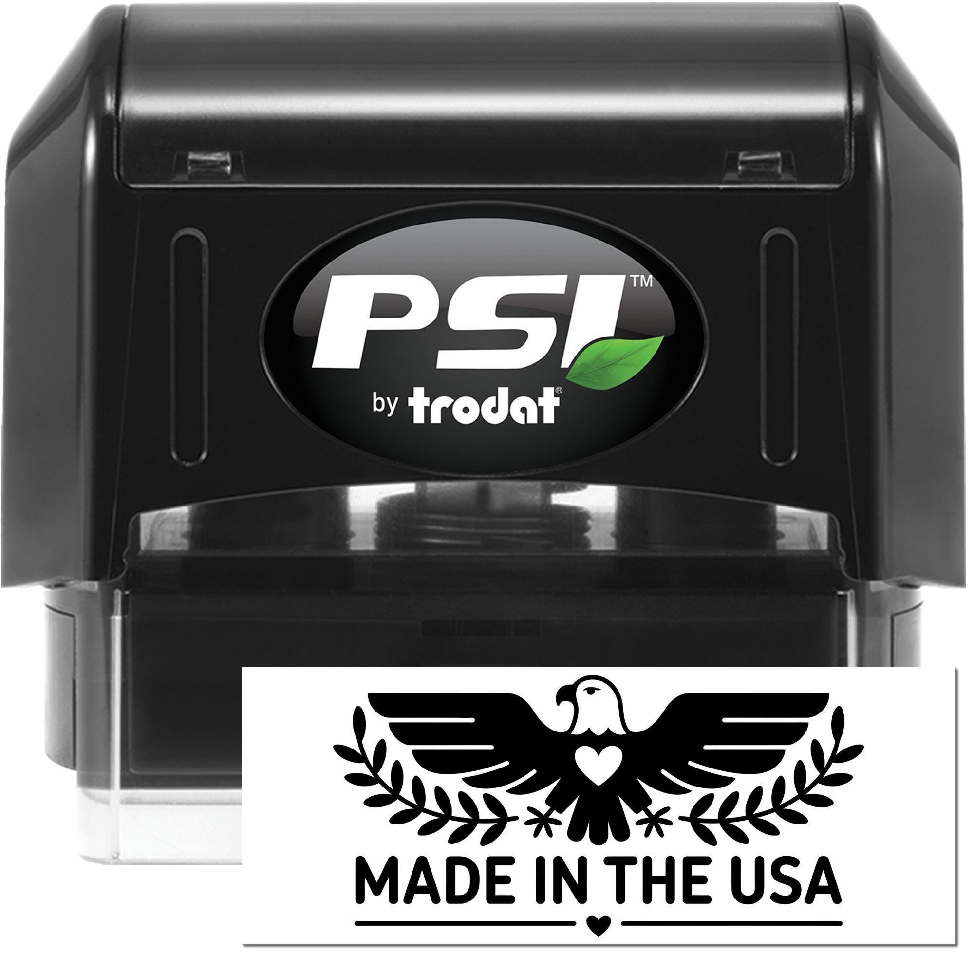 PSI by Trodat self-inking rubber stamp with Made in the USA eagle design for custom patriotic business stamping.