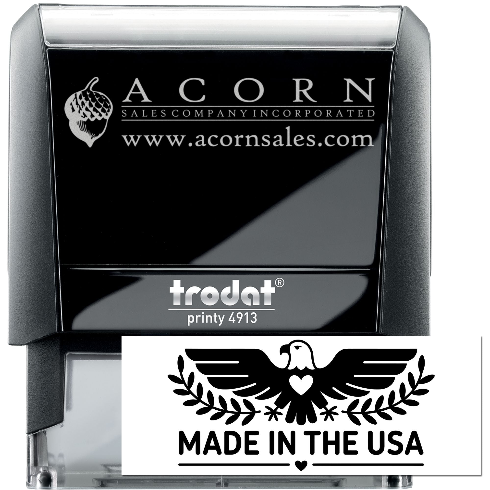 Trodat Printy 4913 custom logo rubber stamp with Acorn Sales Company and Made in the USA imprint sample.
