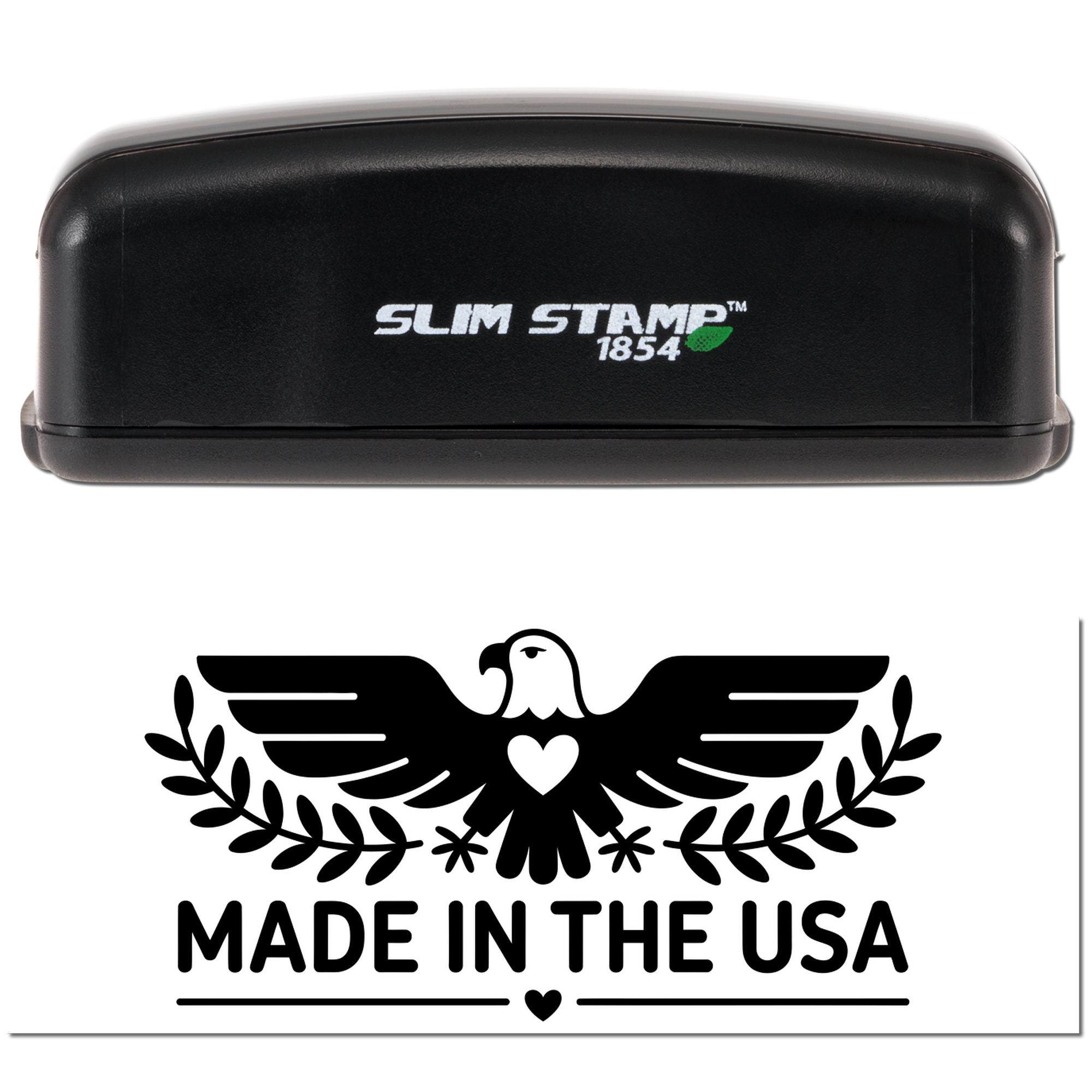Slim Stamp 1854 custom rubber stamp with Made in the USA eagle logo for product packaging and branding.