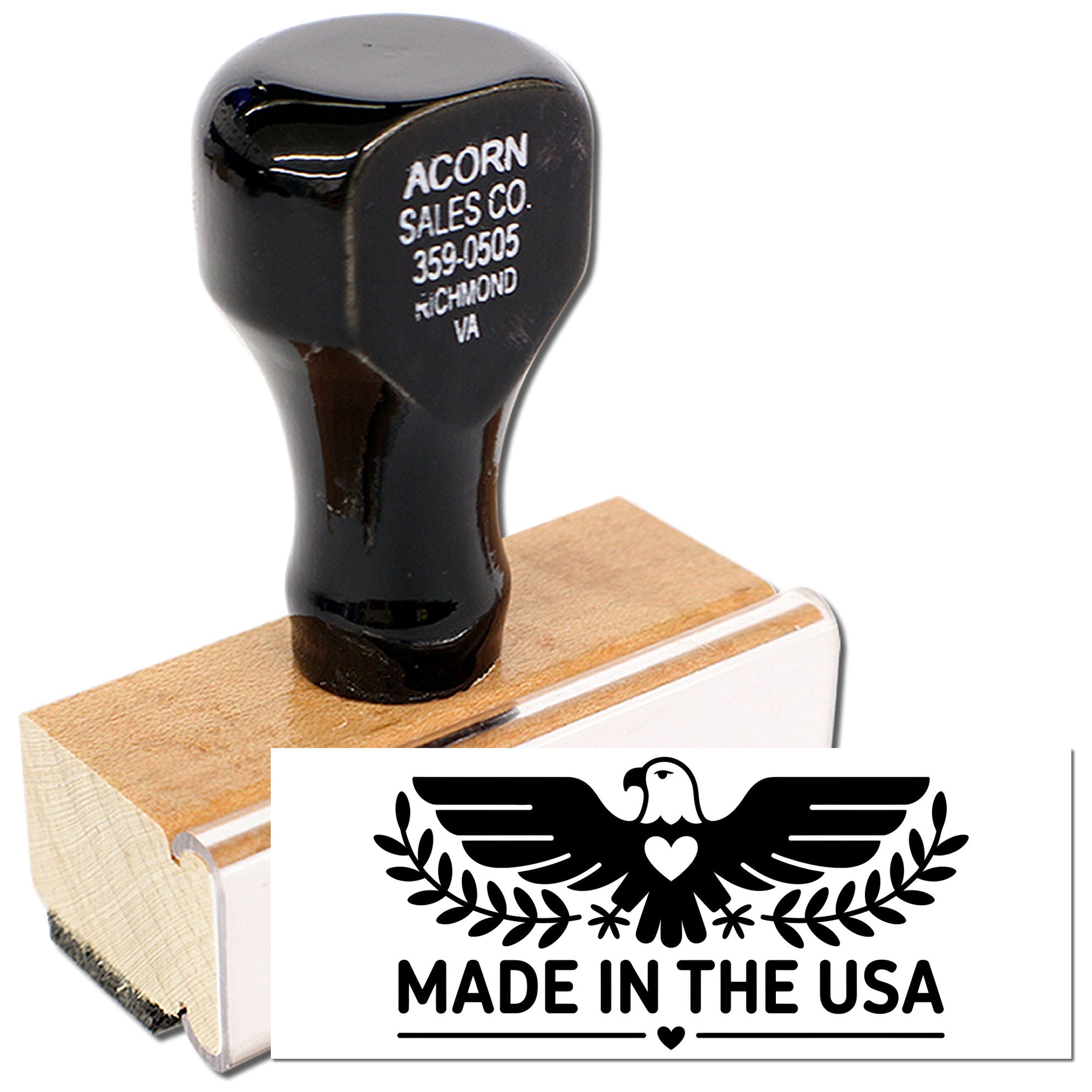 Custom rubber stamp with Made in the USA eagle logo for business branding and product packaging.