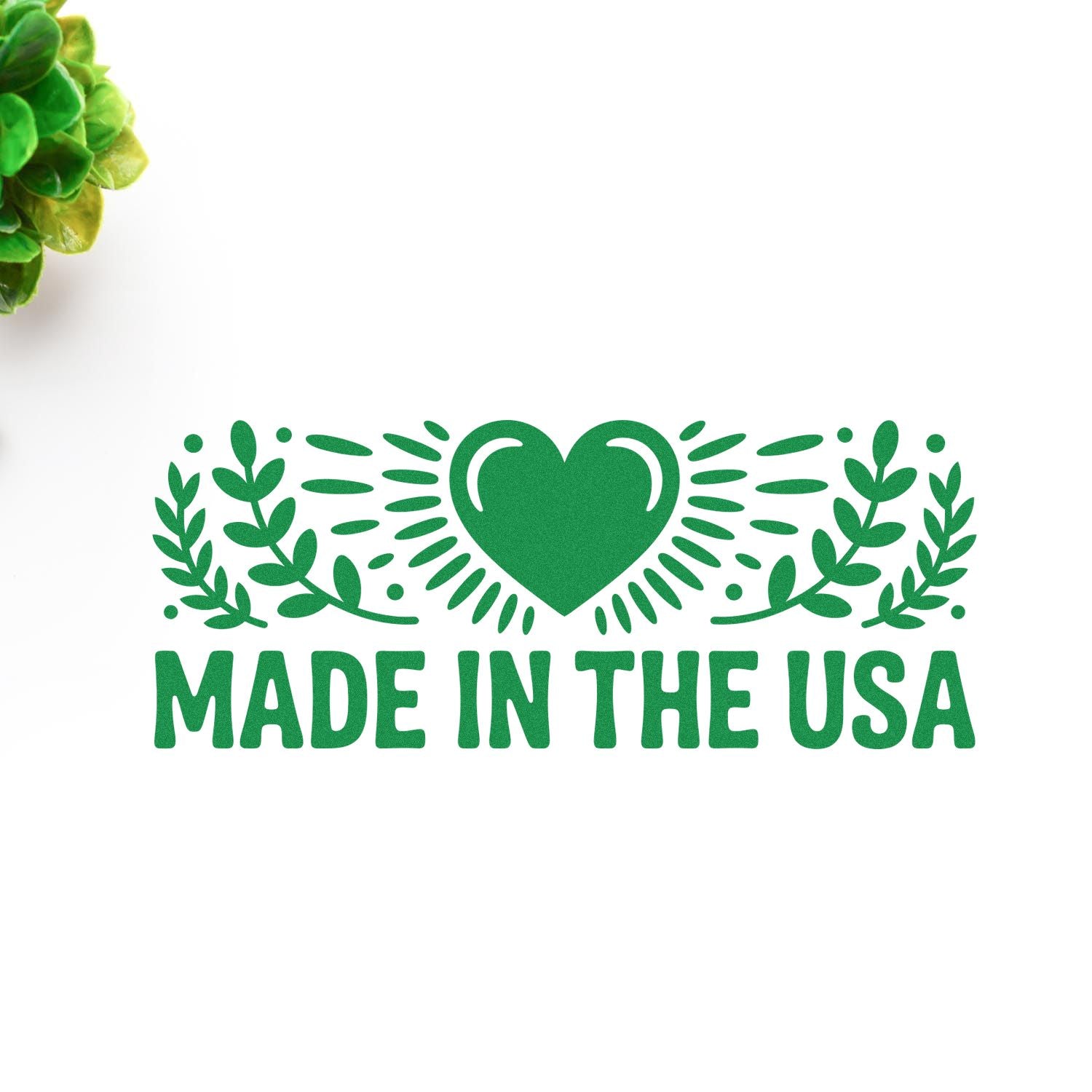 Made in the USA rubber stamp design with green heart and leaf wreath for product branding, packaging, and patriotic labeling.