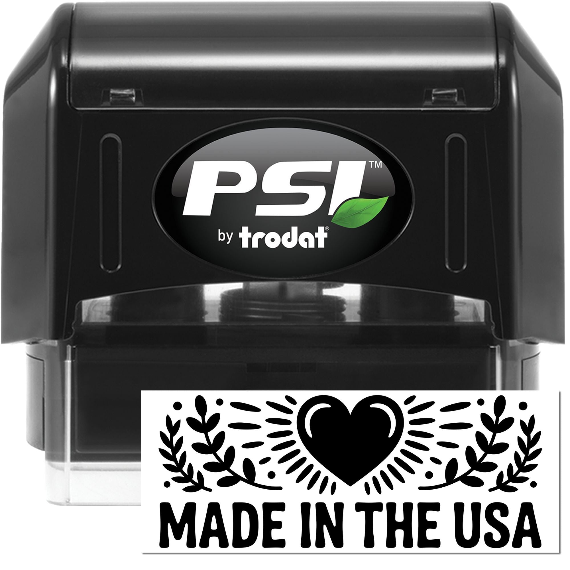 PSI by Trodat self-inking rubber stamp showing a Made in the USA imprint for custom product labeling.