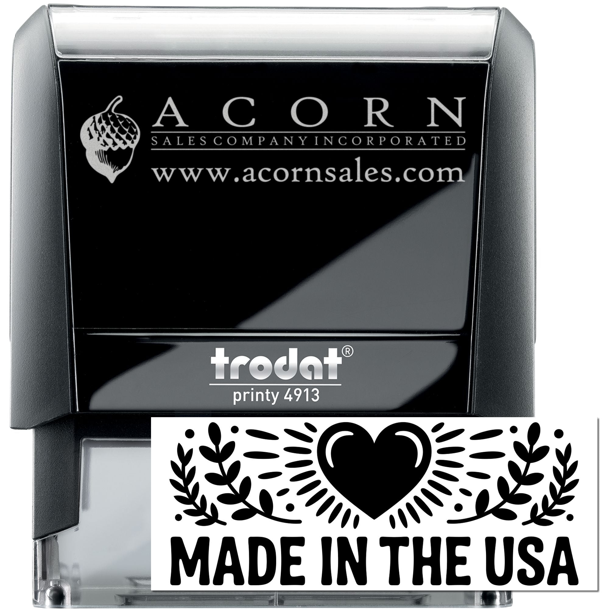 Trodat Printy 4913 self-inking rubber stamp with Acorn Sales logo and Made in the USA design.