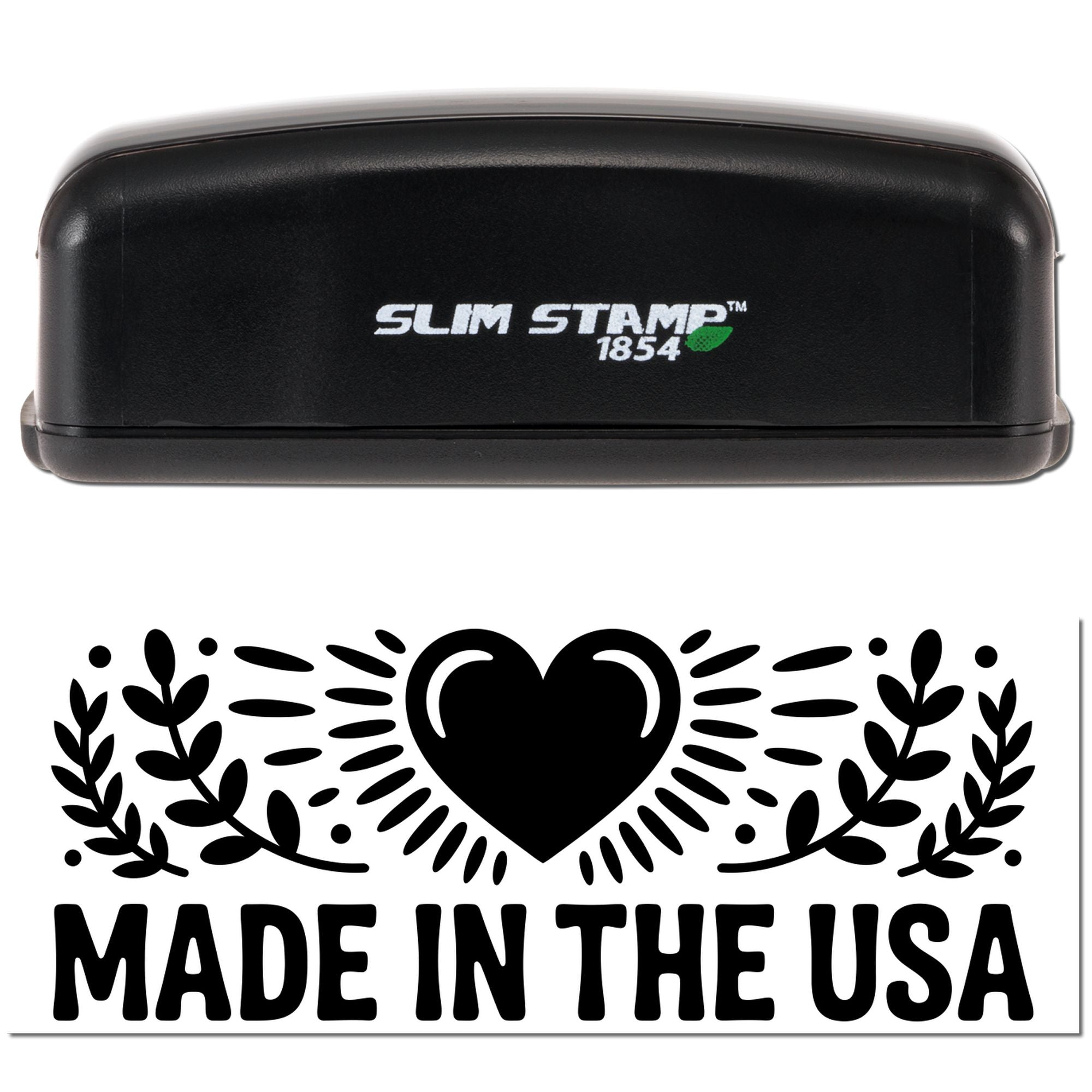 Slim Stamp 1854 self-inking rubber stamp with Made in the USA heart and leaf design imprint