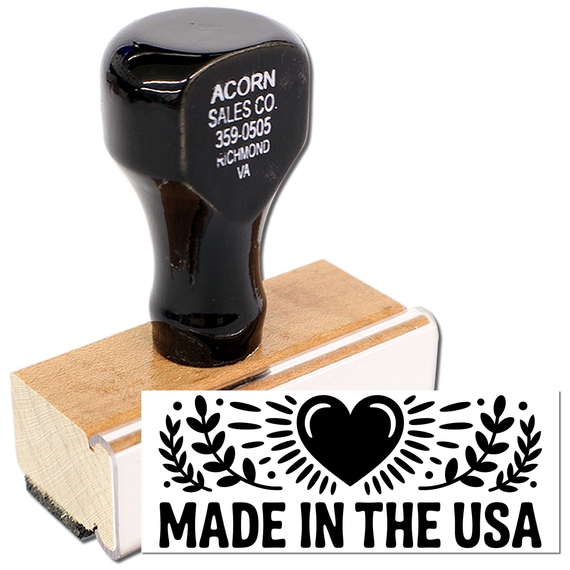 Custom Made in the USA rubber stamp with patriotic heart design for product packaging, branding, and origin labeling.