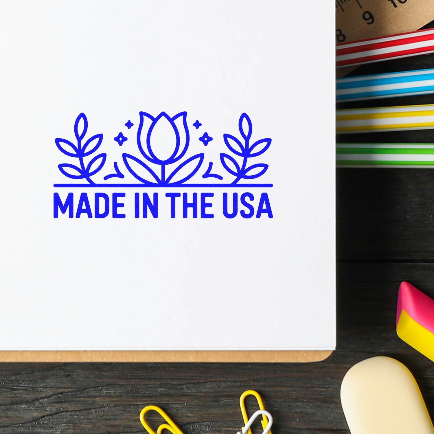 Made in the USA rubber stamp design with floral icon for packaging, branding, and handmade product labels.
