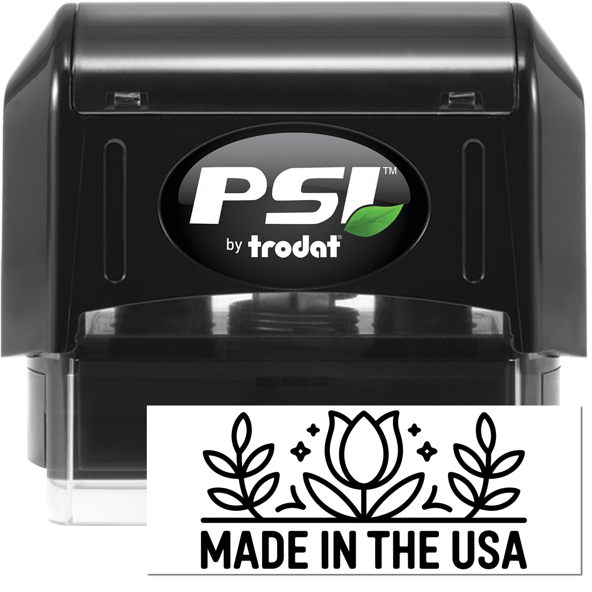 PSI by Trodat self-inking rubber stamp with Made in the USA custom imprint for product branding.
