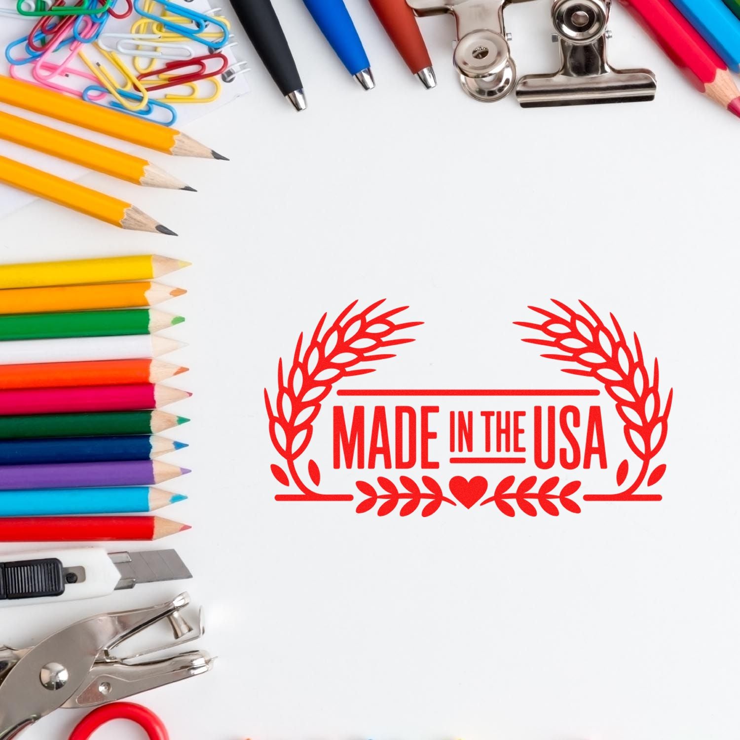Made in USA rubber stamp design with office supplies, ideal for custom branding, packaging, and business stationery.