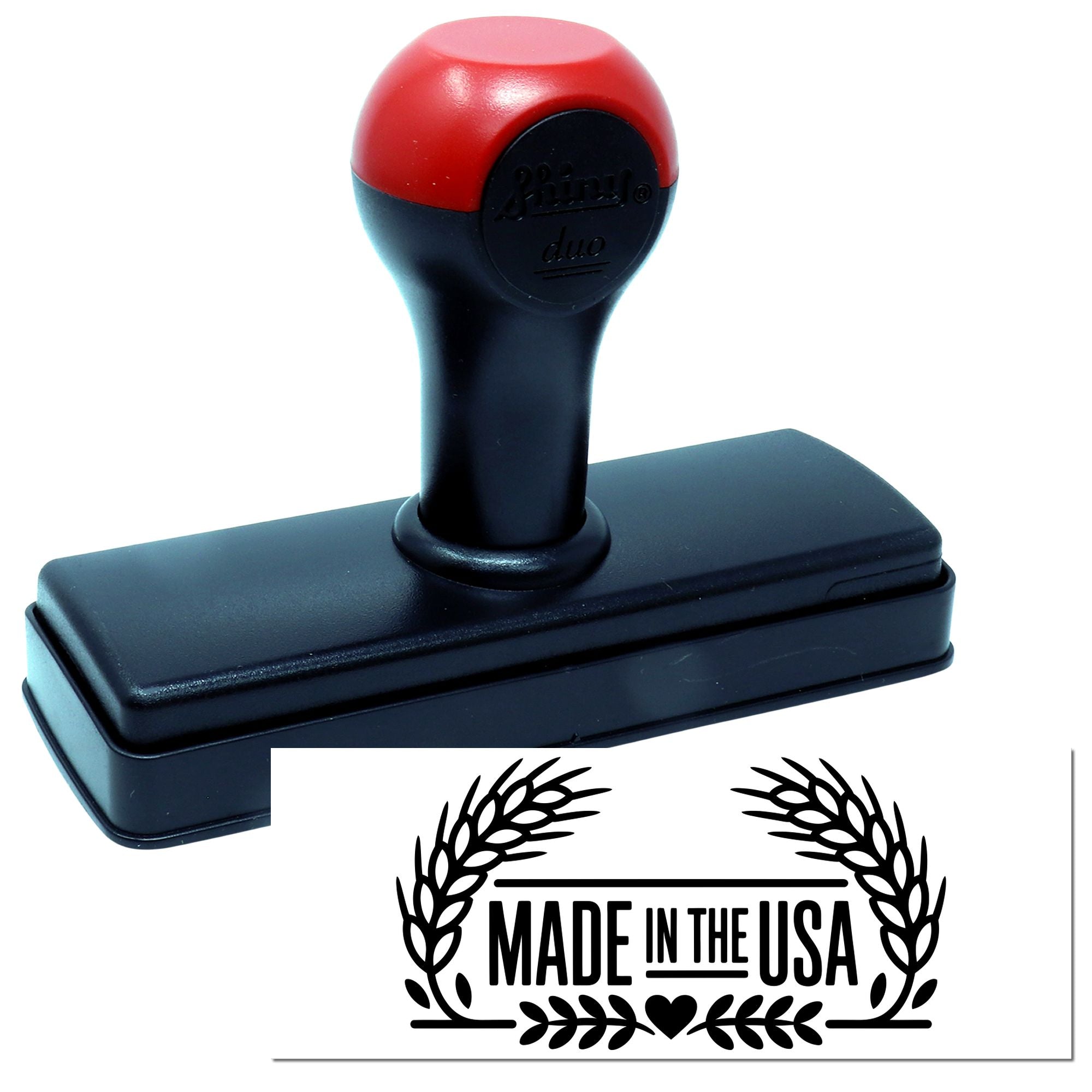 Self-inking rubber stamp with Made in the USA design for product labeling and branding.