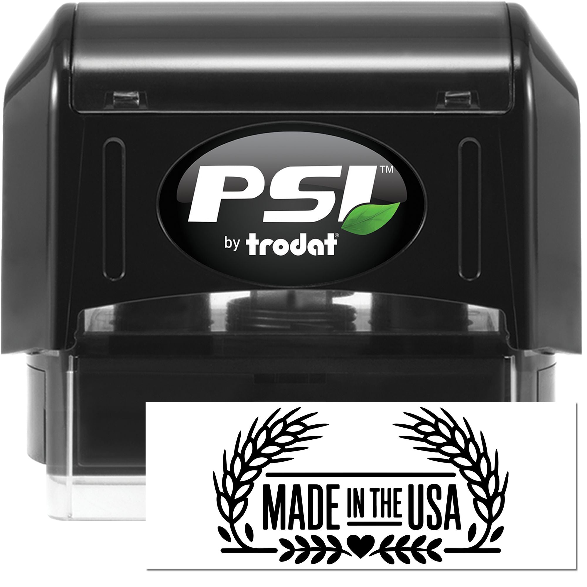 PSI by Trodat self-inking rubber stamp with Made in the USA custom imprint and laurel design