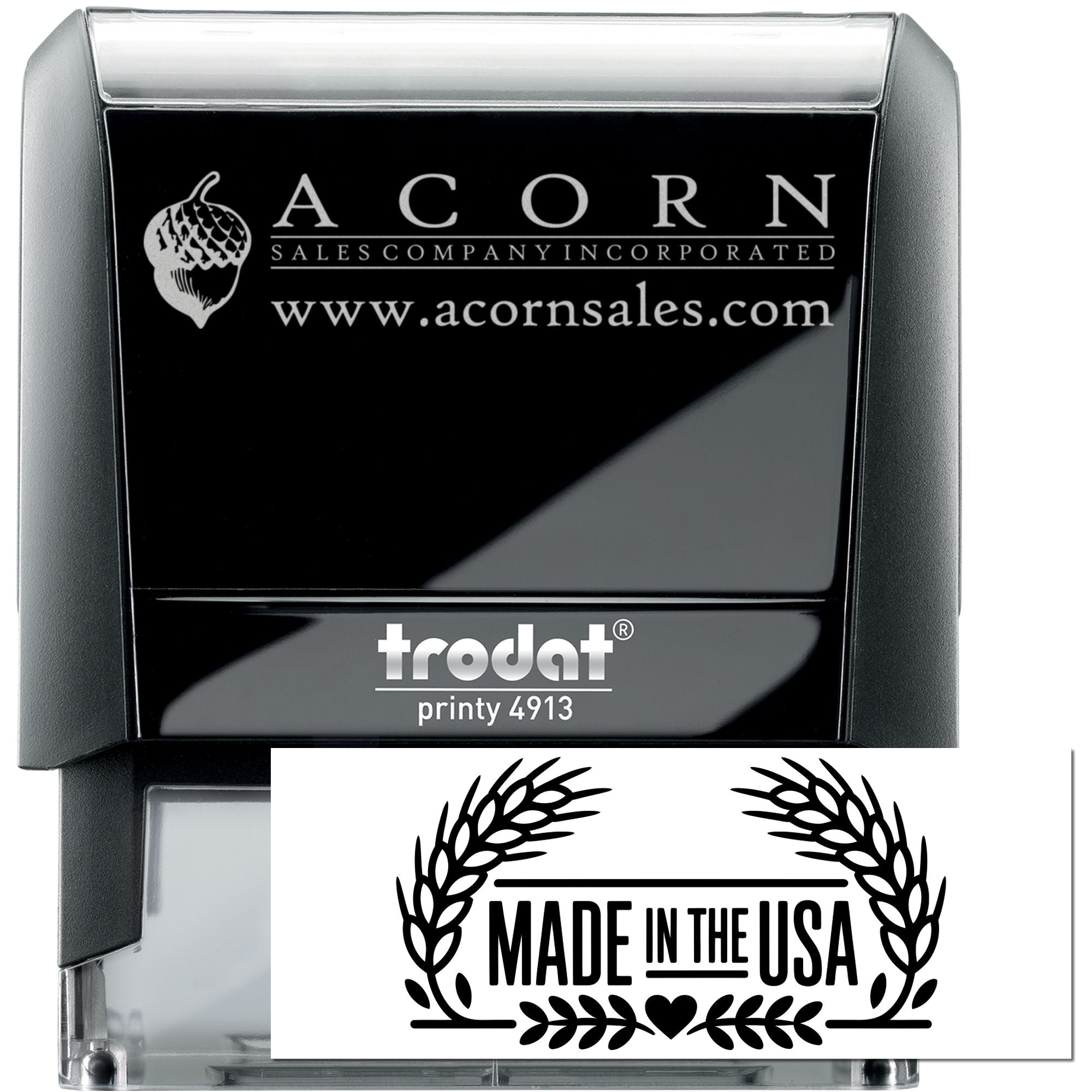 Trodat self-inking rubber stamp with Acorn Sales Company logo and Made in USA imprint design
