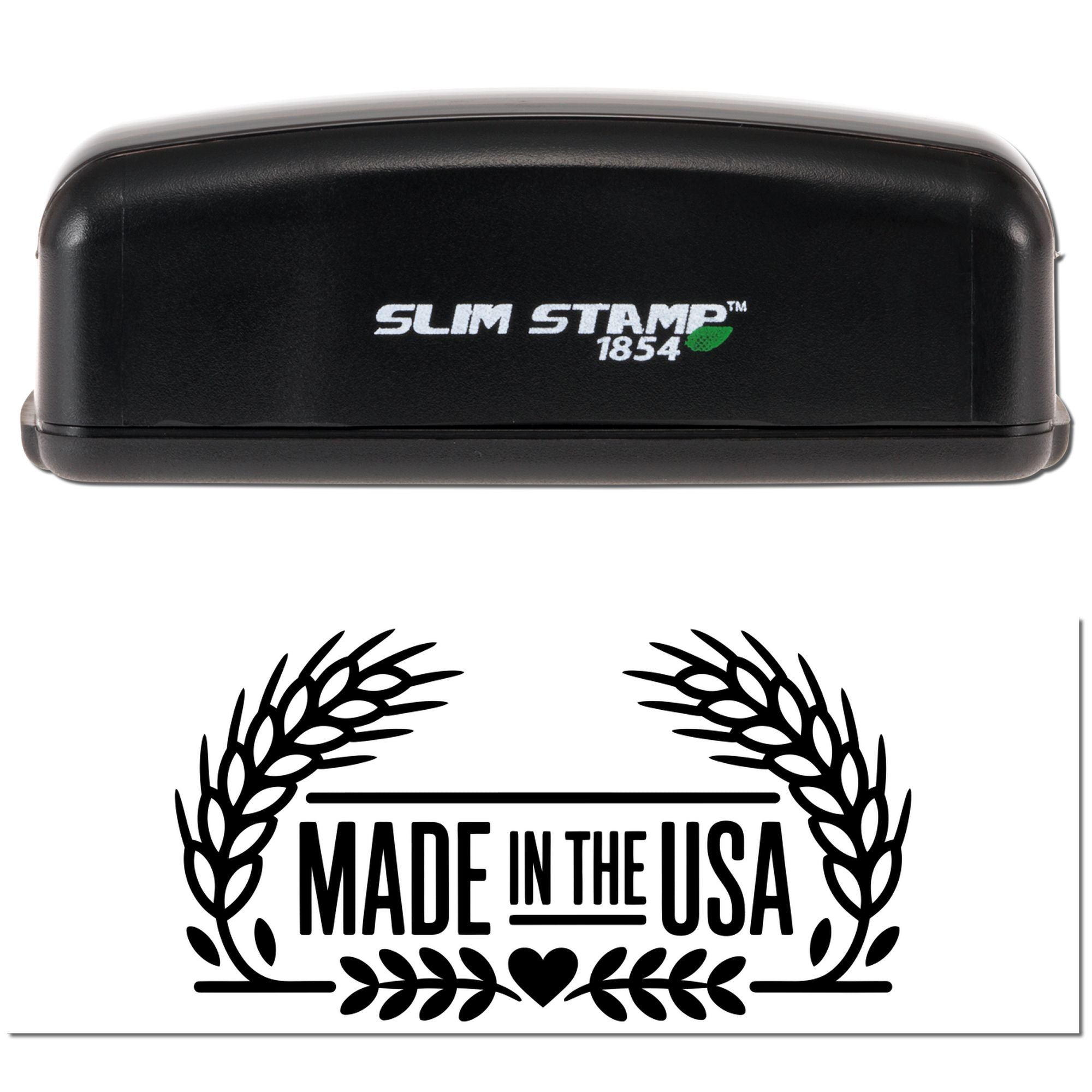 Slim Stamp 1854 self-inking rubber stamp with Made in the USA wheat wreath design