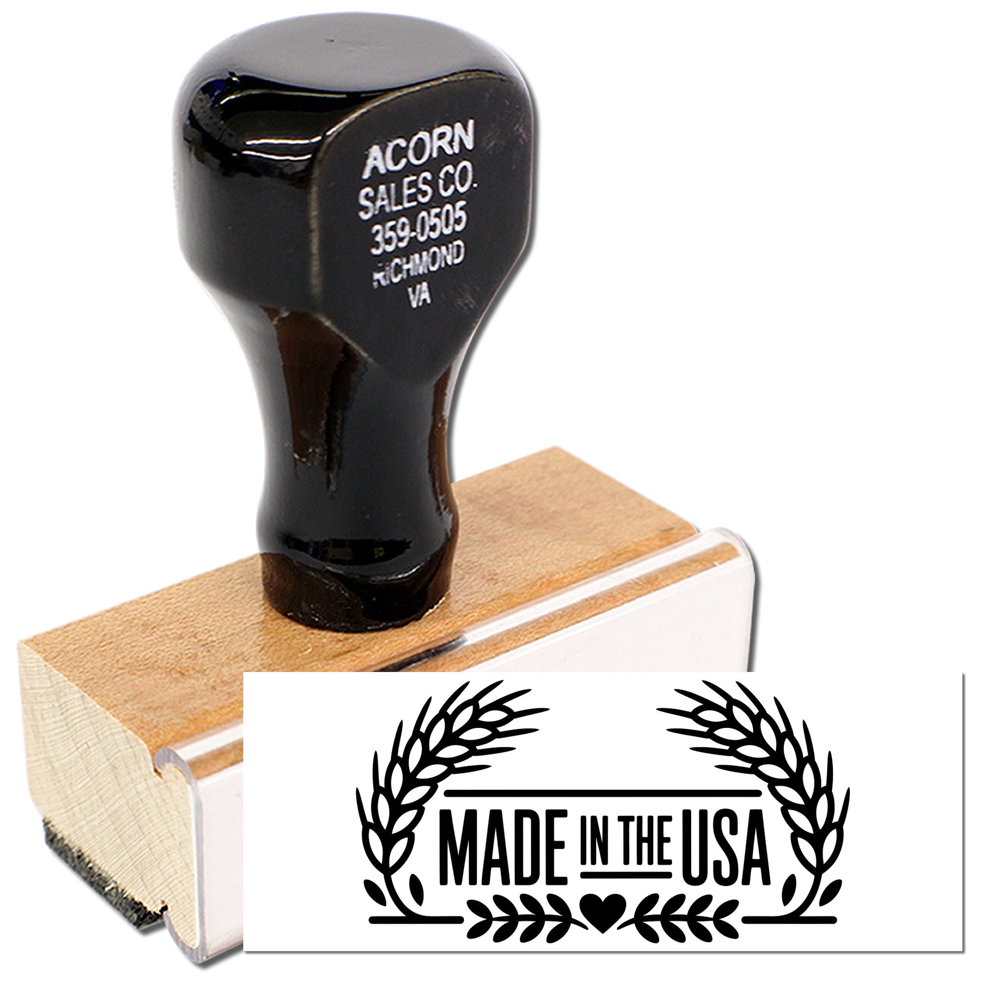 Custom wood handle rubber stamp with Made in the USA laurel design for branding product packaging and business labeling.