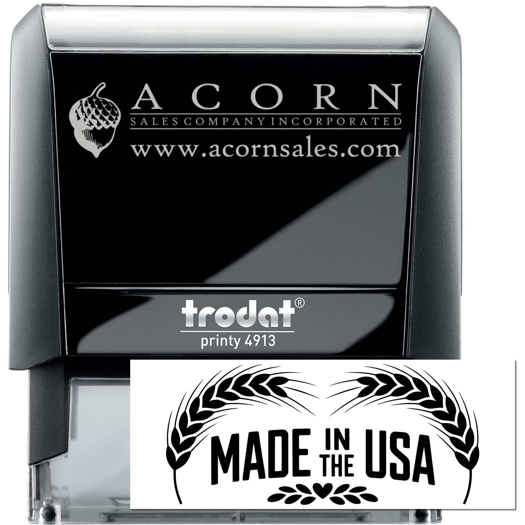 Custom self-inking rubber stamp with Acorn Sales Company logo and Made in the USA design, ideal for business branding.
