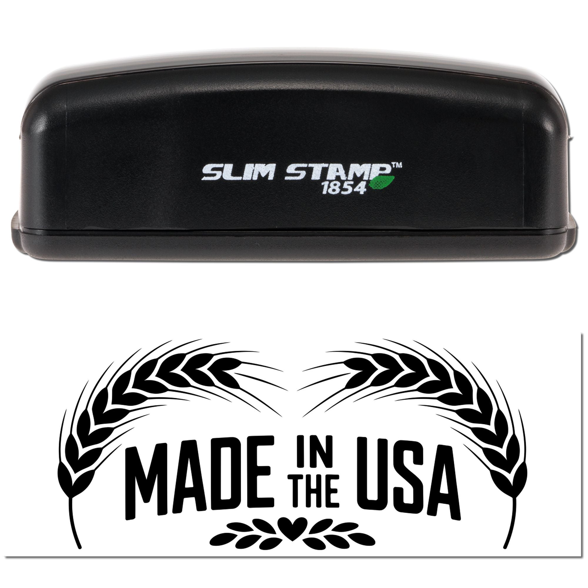 Slim Stamp 1854 self-inking rubber stamp with Made in the USA imprint for packaging, branding, and labeling.