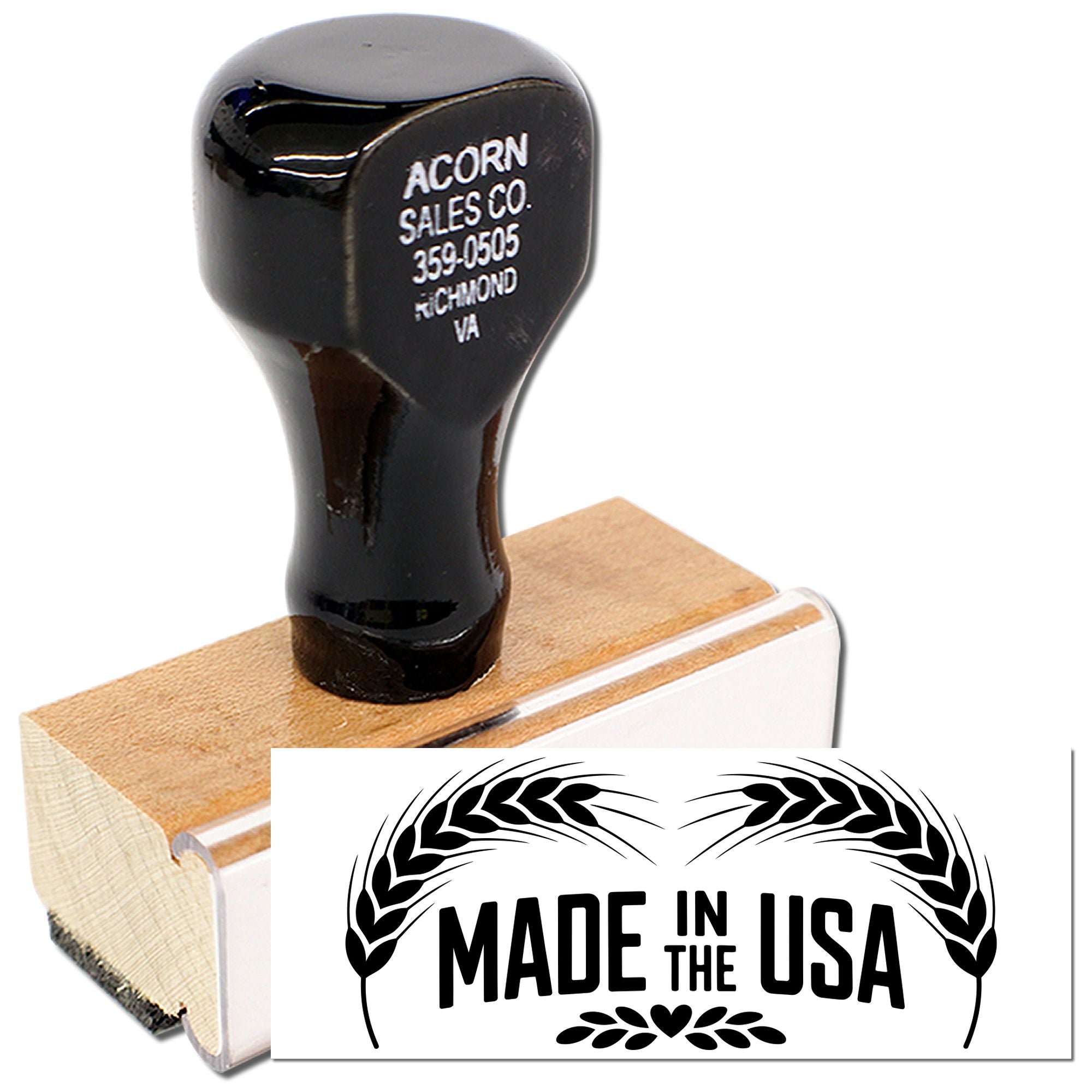 Custom rubber stamp with Made in the USA laurel design, perfect for branding handmade products and U.S.-made packaging.