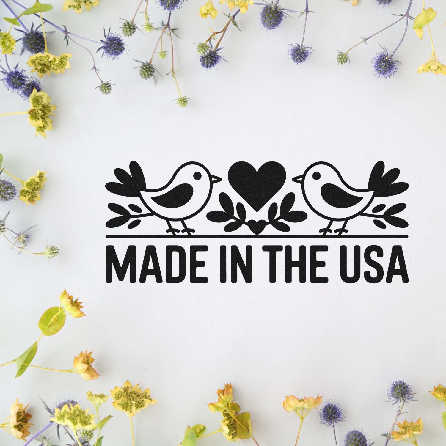 Made in the USA rubber stamp with birds and heart design for patriotic craft and handmade packaging.