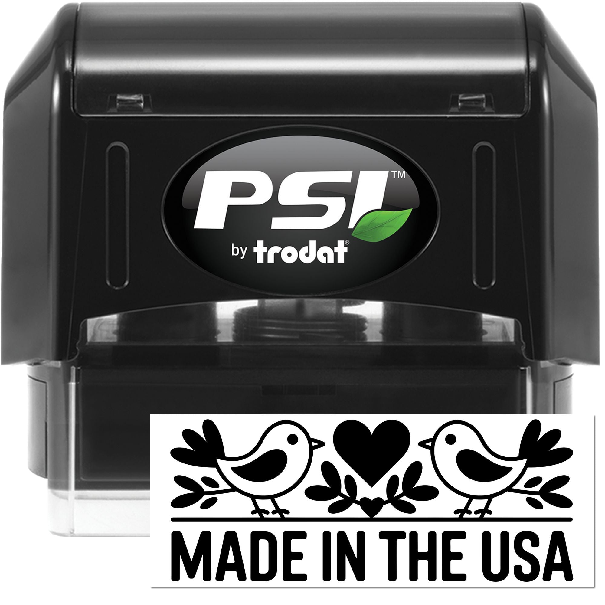 PSI by Trodat self-inking rubber stamp with Made in the USA bird and heart imprint for product branding.