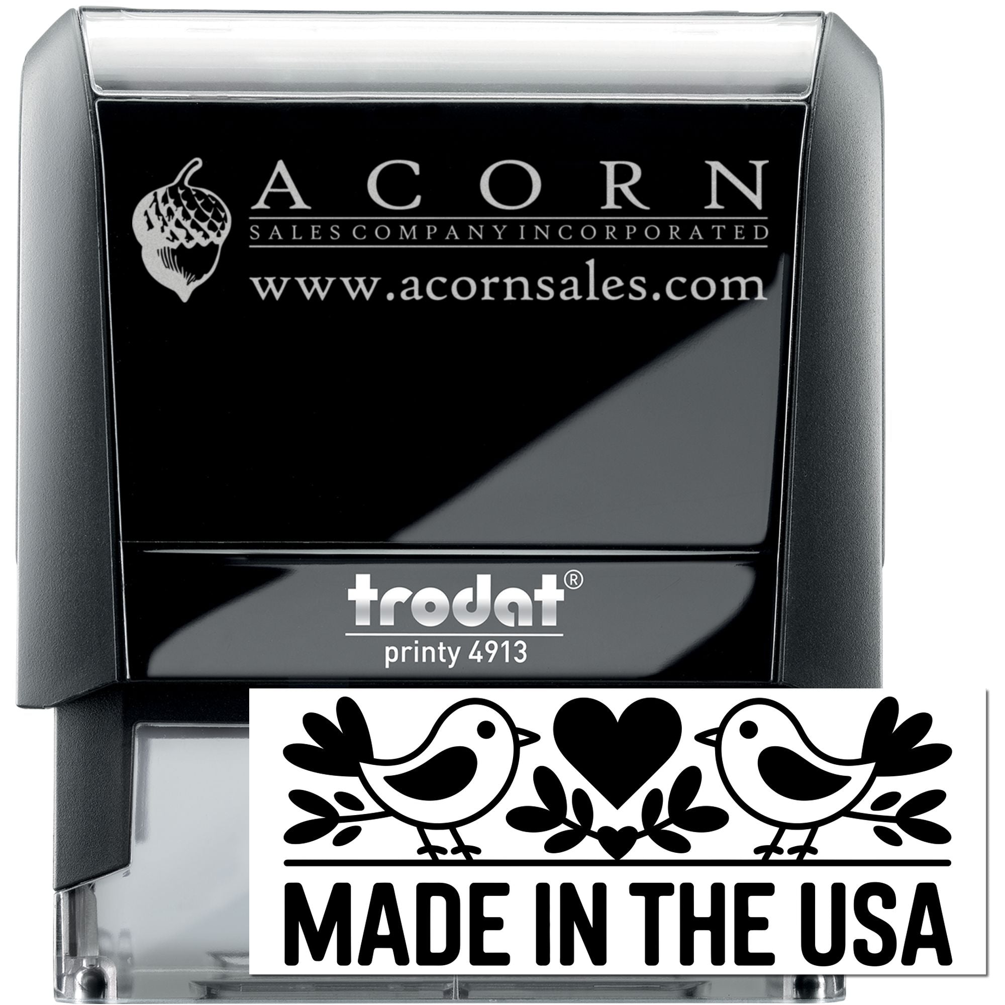 Trodat Printy 4913 custom self-inking rubber stamp with Acorn Sales logo and Made in the USA design for business branding.