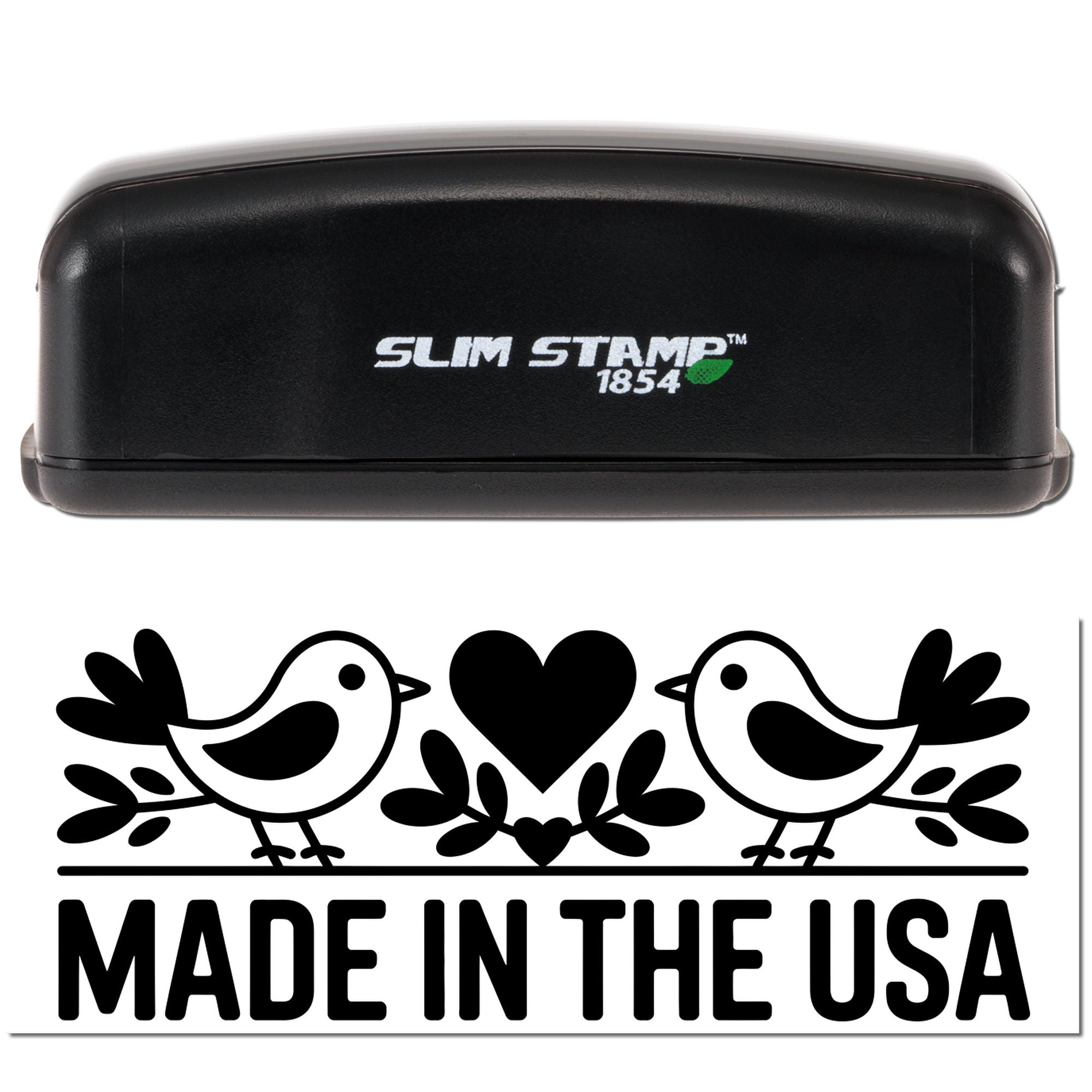 Slim Stamp 1854 self-inking rubber stamp with Made in the USA birds and heart design.