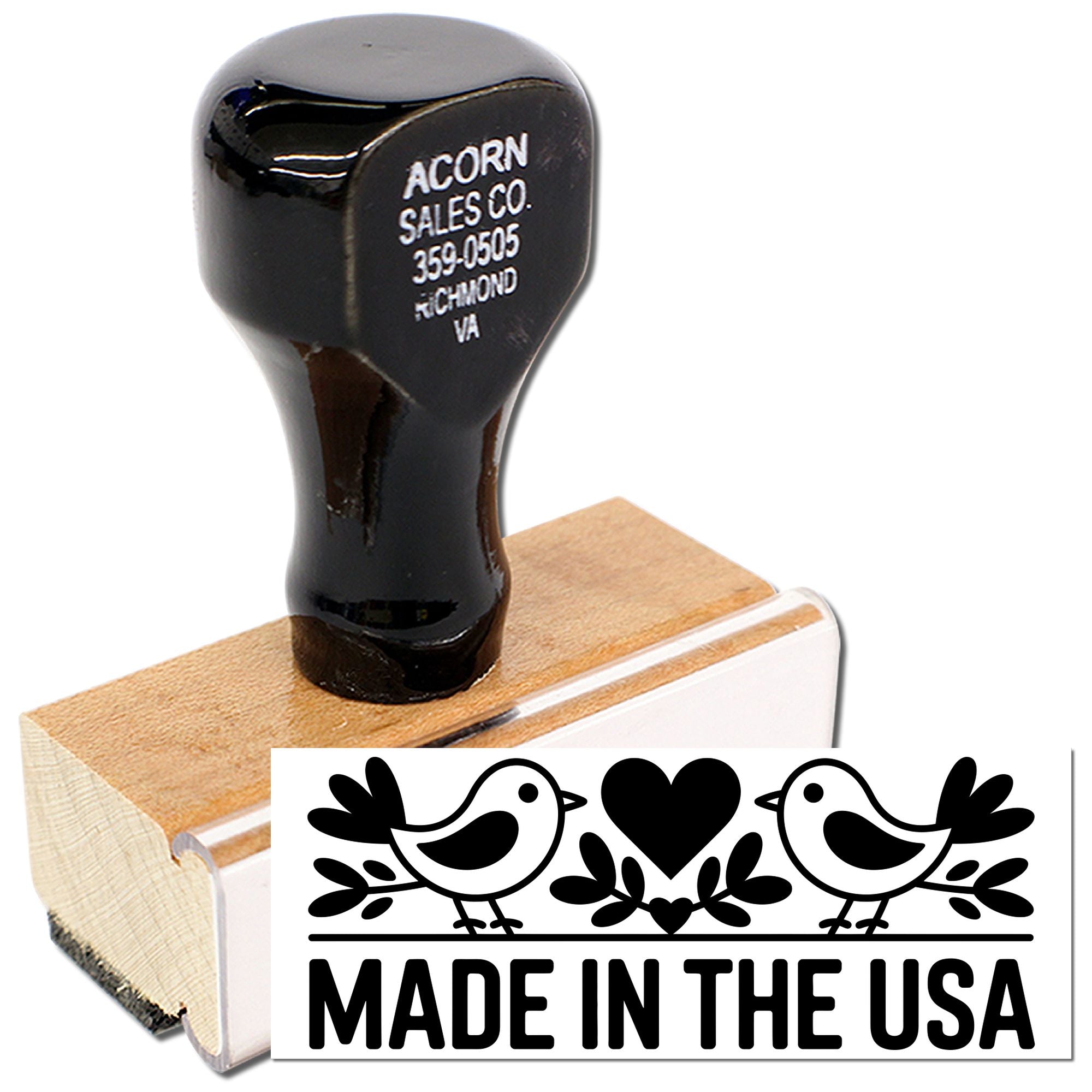 Custom rubber stamps for business branding, including Acorn Sales Co. return address stamp and Made in USA design.
