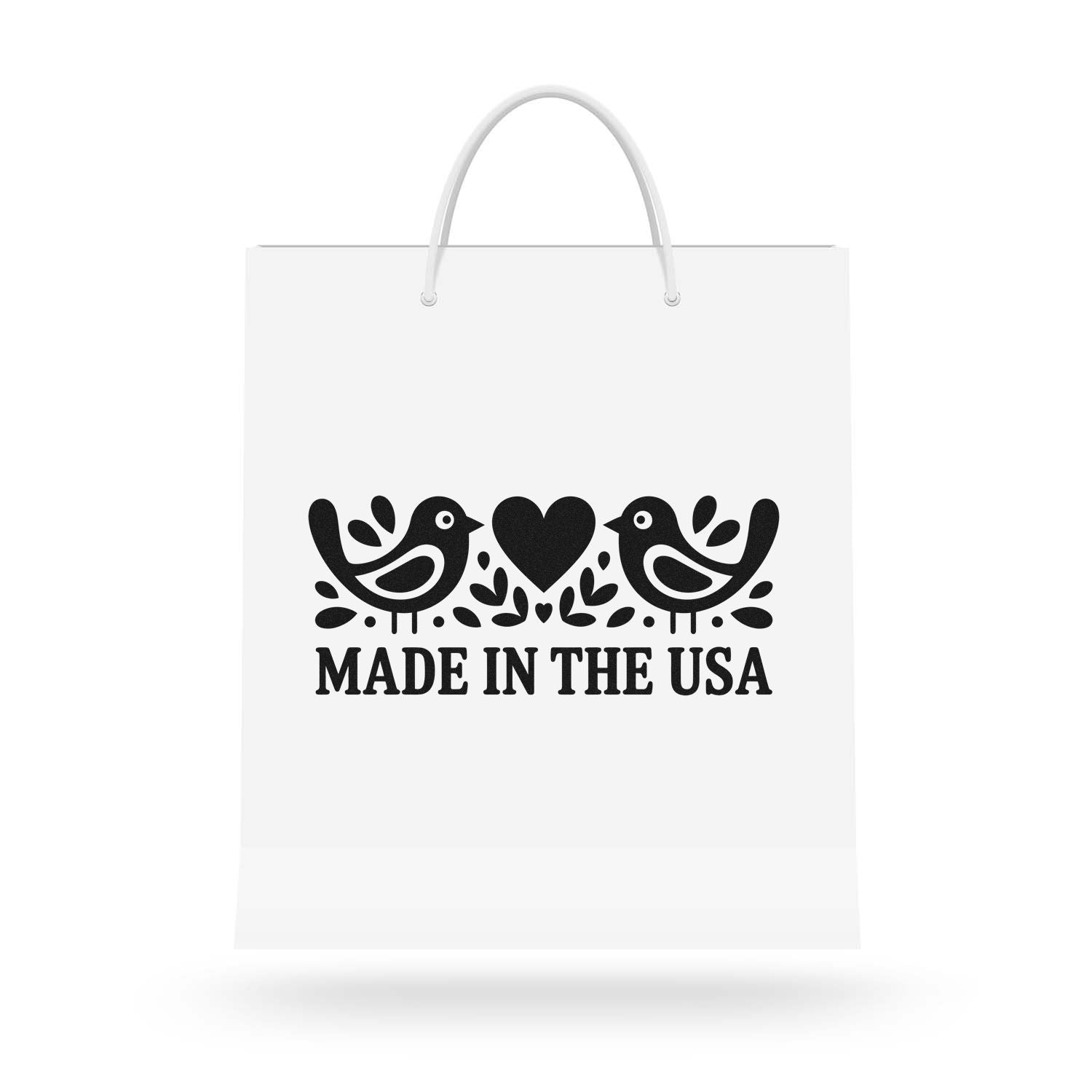 Made in the USA rubber stamp design with birds and heart on a white shopping bag mockup
