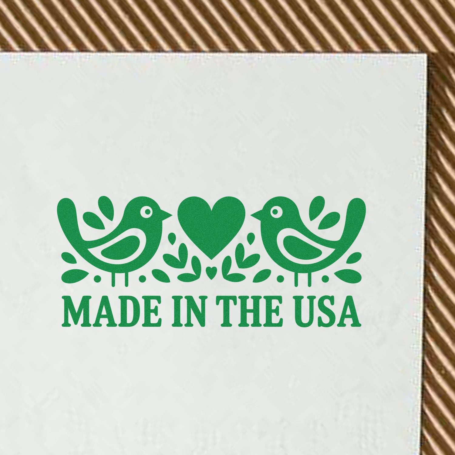 Made in the USA rubber stamp design with birds and heart, ideal for patriotic handmade product packaging and labeling.