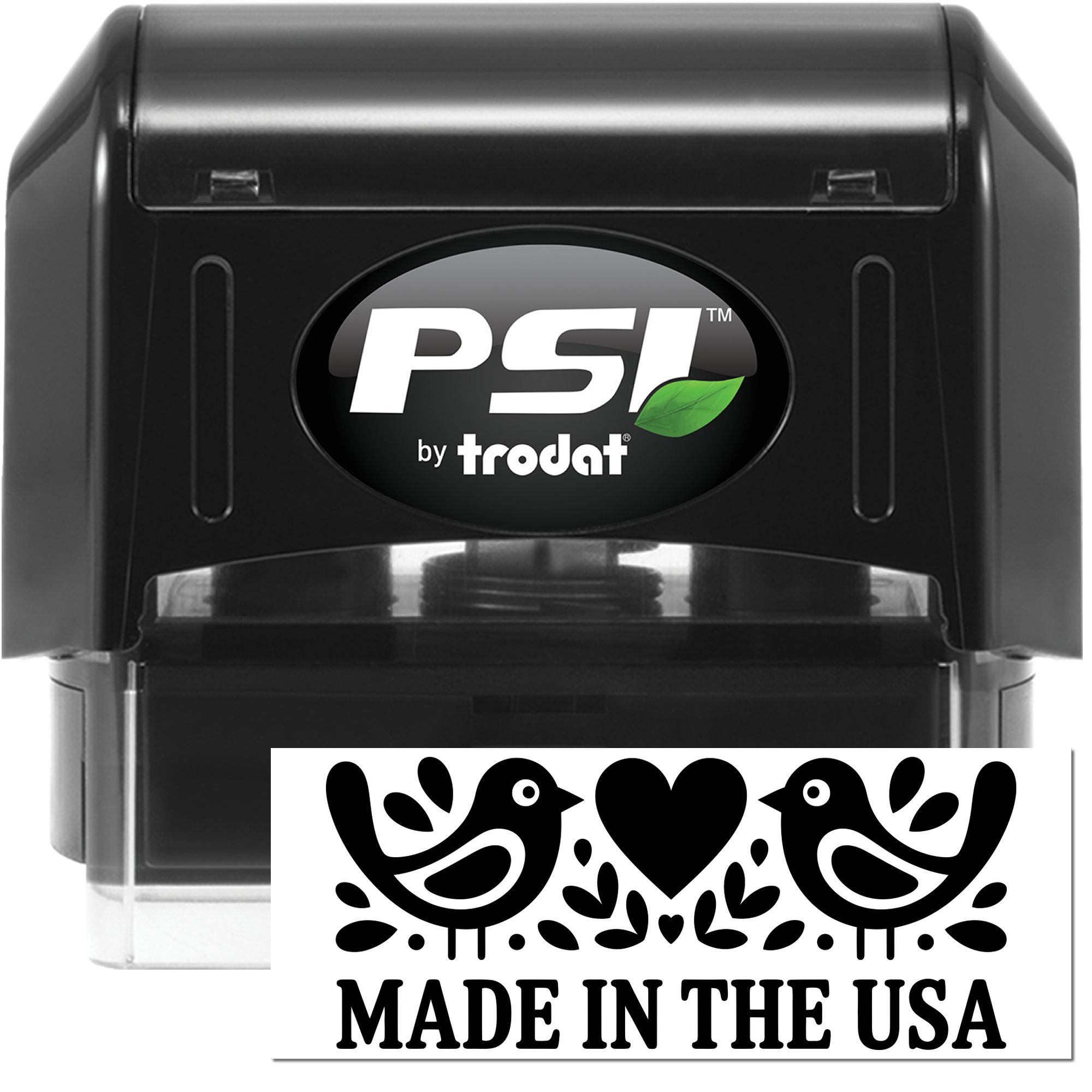 PSI by Trodat self-inking rubber stamp with Made in the USA bird and heart design for patriotic branding.