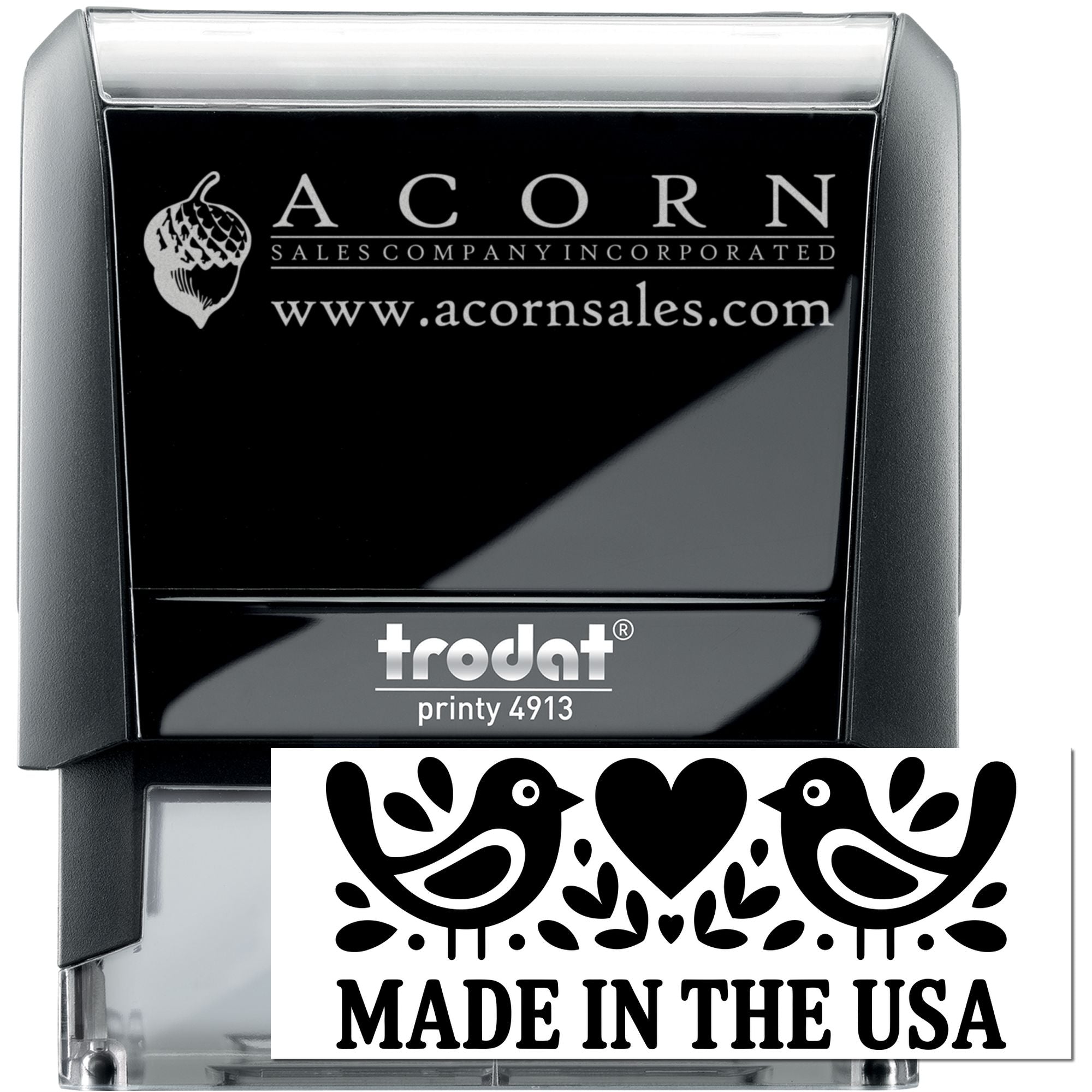 Custom Trodat Printy 4913 self-inking rubber stamp with Acorn Sales logo, website, and Made in the USA design.