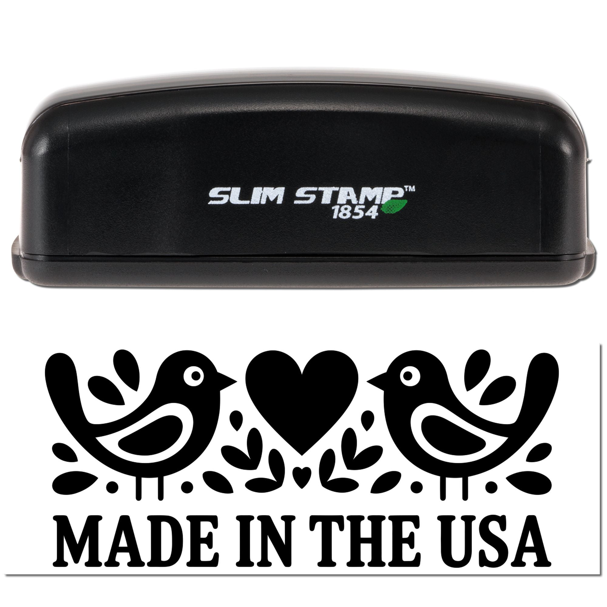 Slim Stamp 1854 self-inking rubber stamp with Made in the USA bird and heart design for custom patriotic crafting.