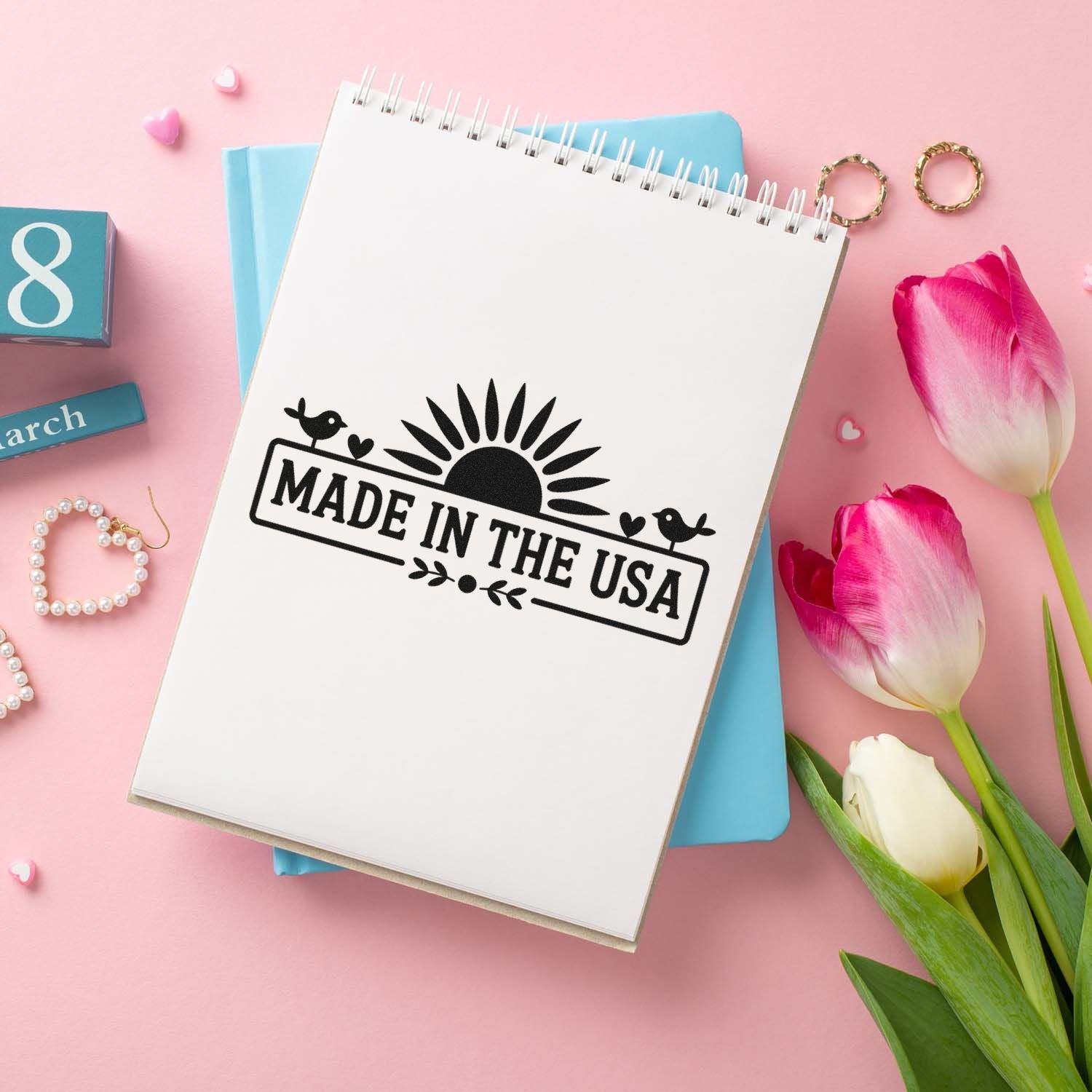 Made in the USA rubber stamp design on notebook for patriotic branding, packaging, and handmade product labeling.