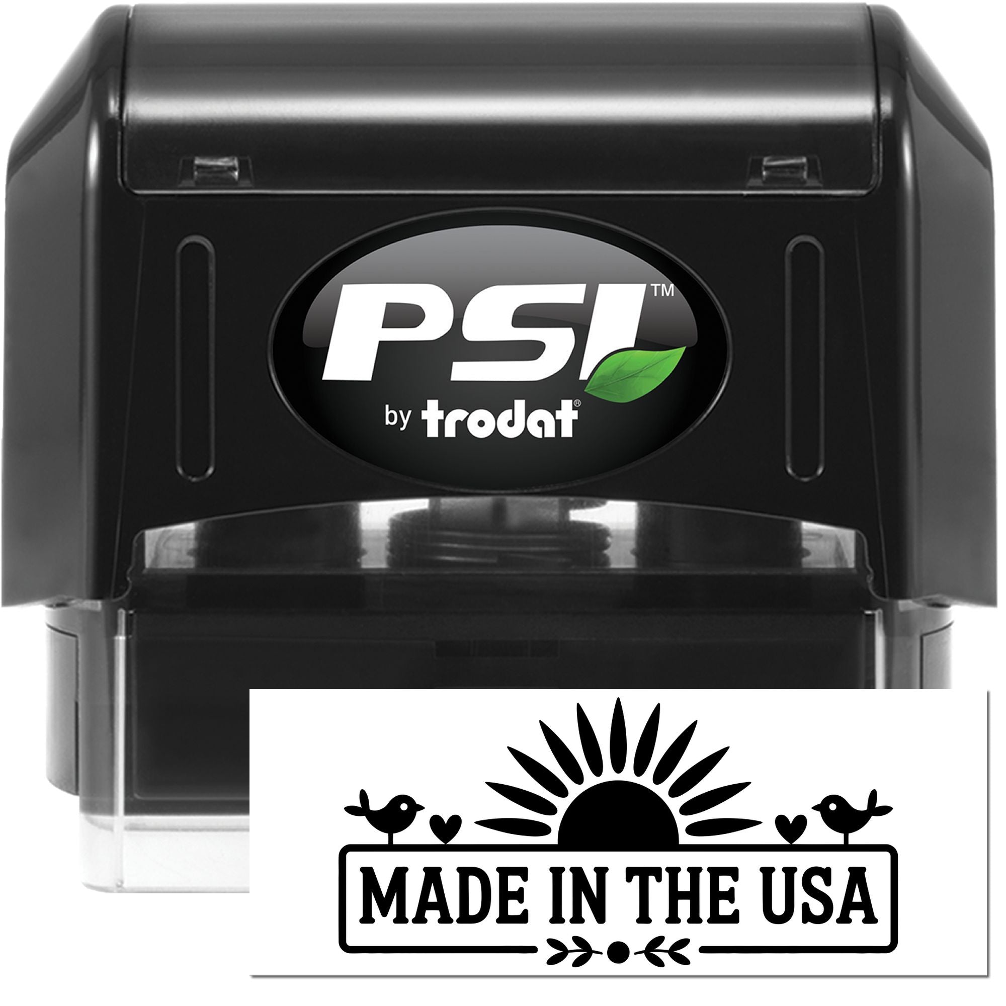 PSI by Trodat self-inking rubber stamp with Made in the USA imprint for product packaging and branding.
