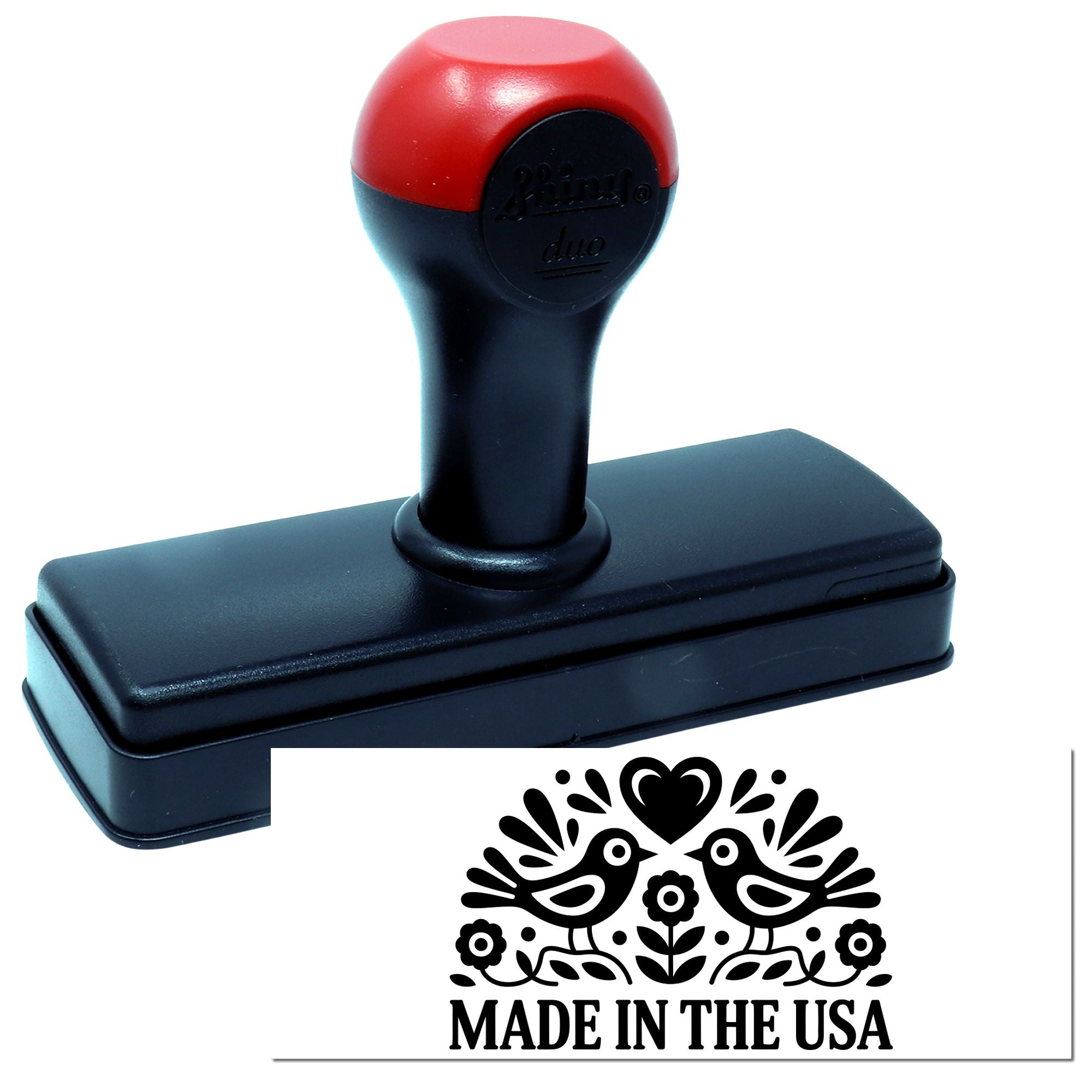 Self-inking rubber stamp with Made in the USA design, perfect for branding American-made products and packaging.