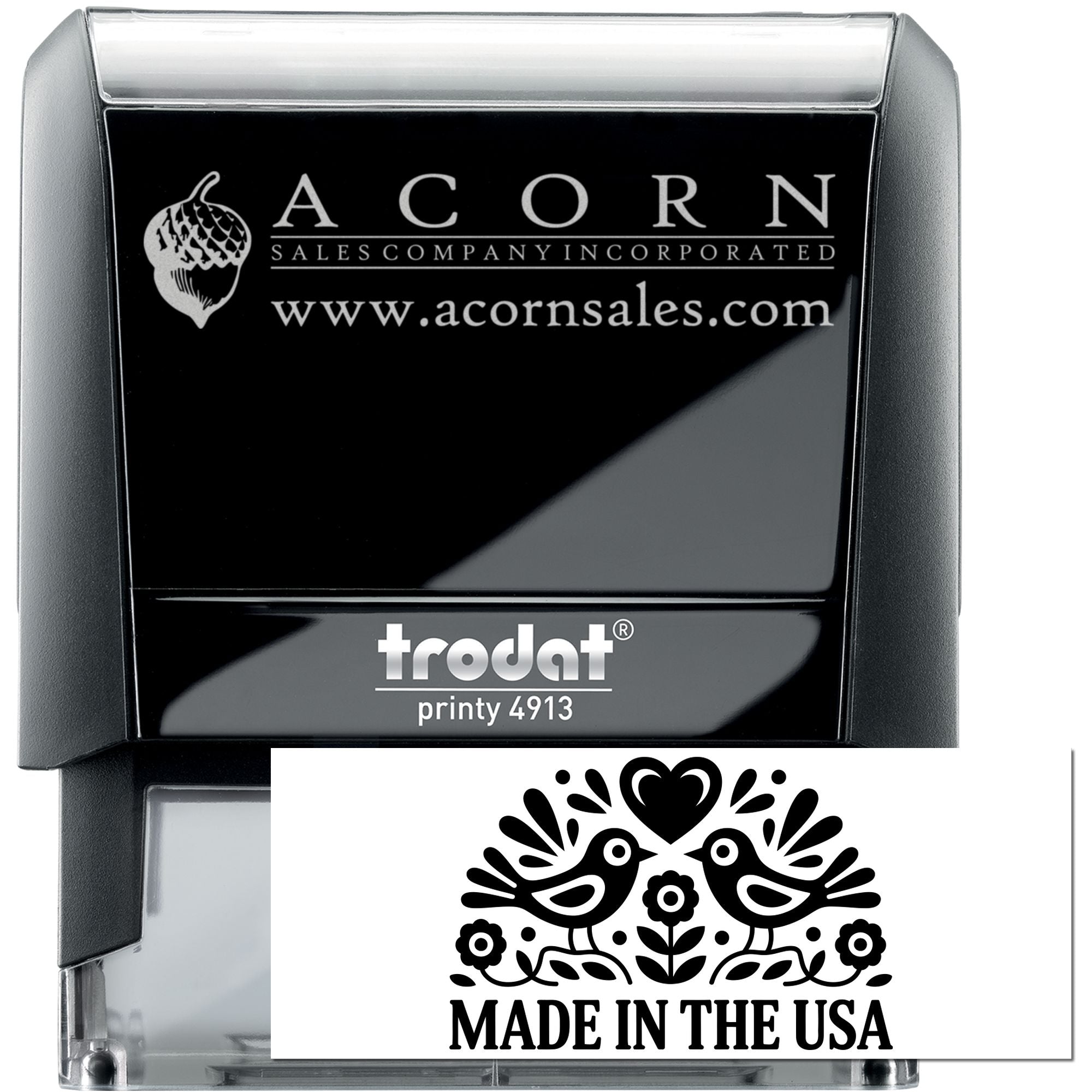 Trodat Printy 4913 self-inking rubber stamp with custom Acorn Sales logo and Made in USA design.