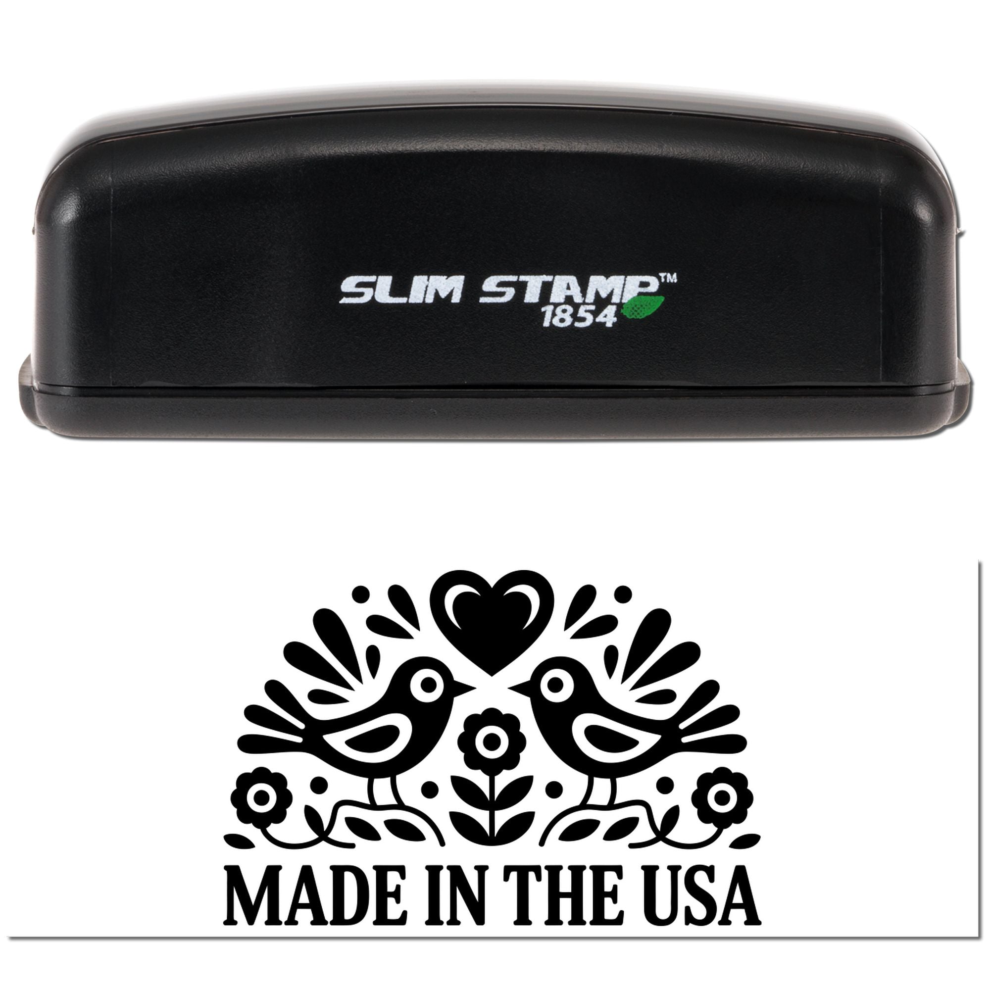 Slim Stamp 1854 custom rubber stamp with Made in the USA bird and floral design