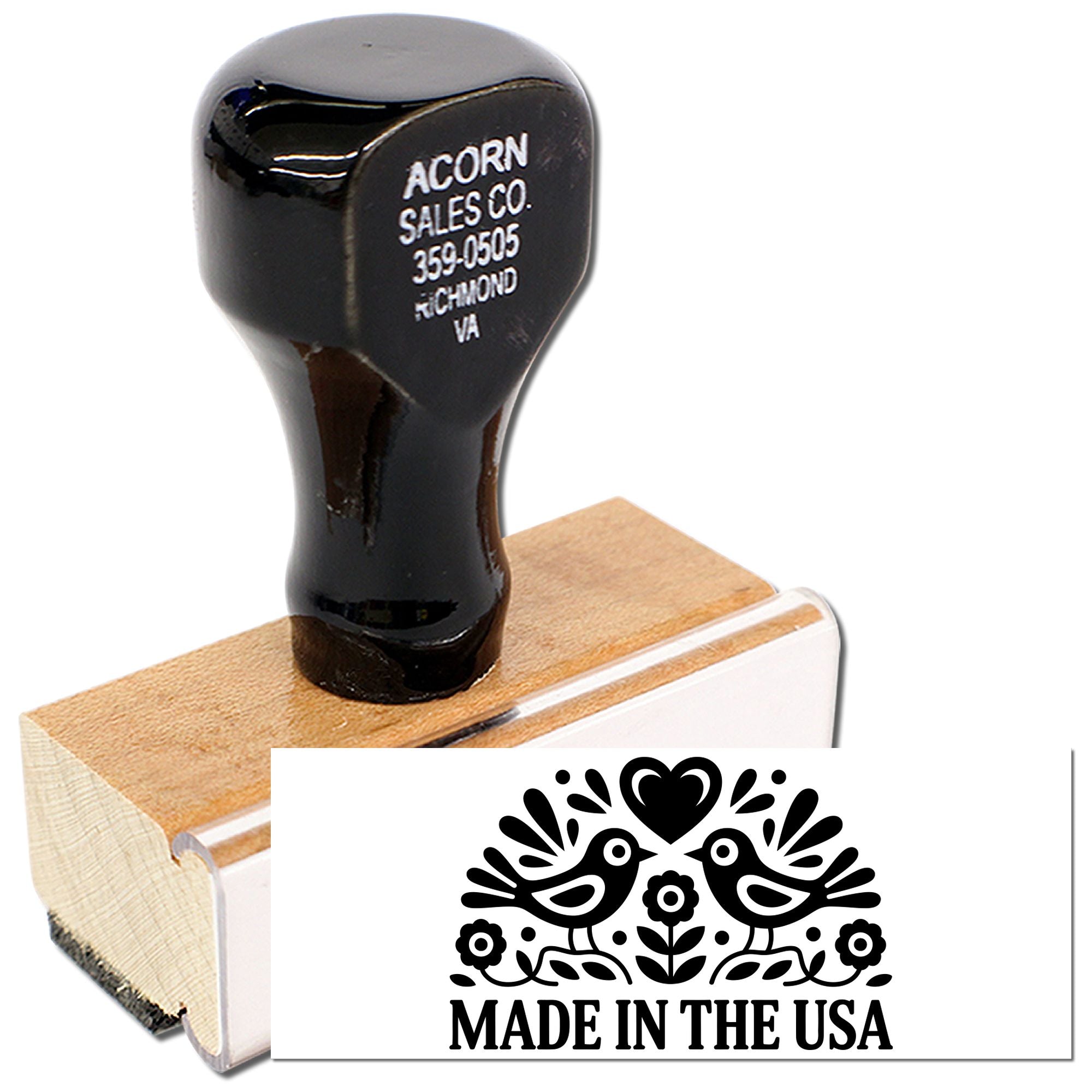 Custom wood-handled rubber stamp with Made in the USA design for business branding and packaging.