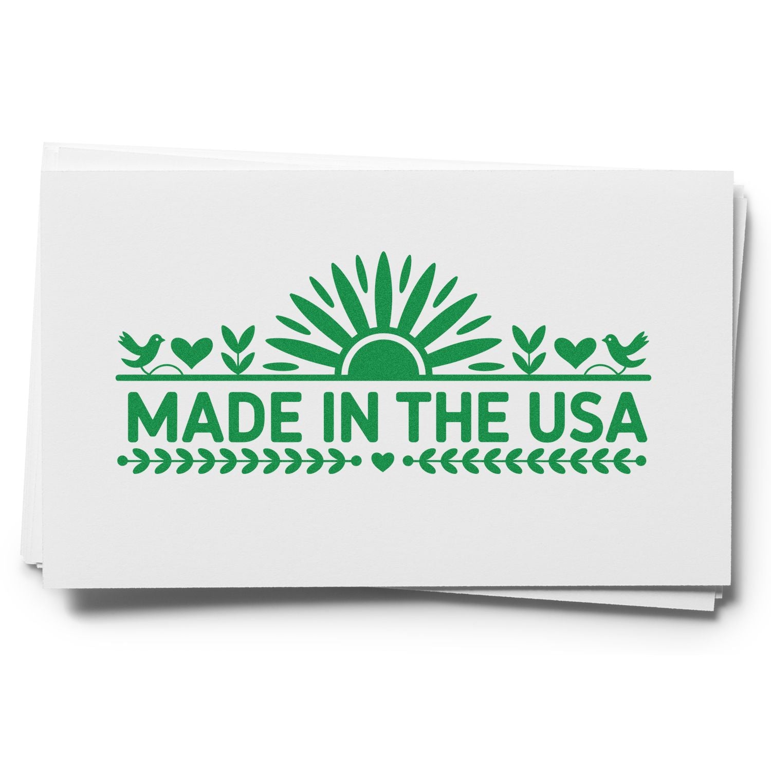 Made in the USA rubber stamp mockup featuring sunrise, birds, hearts, and leaves in green on white paper