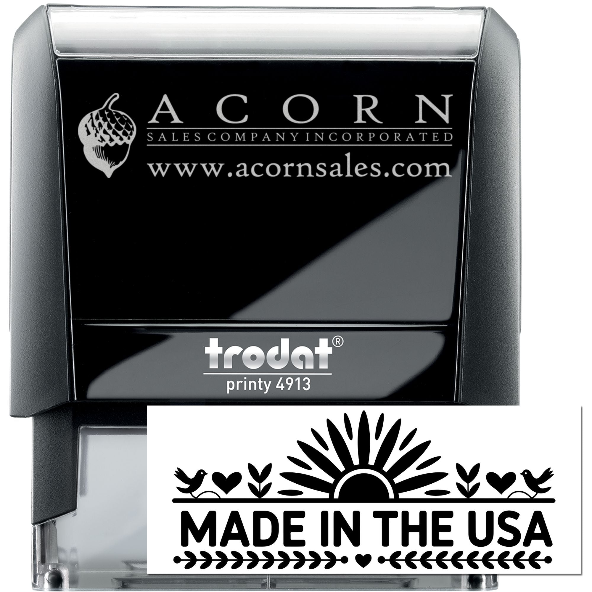 Custom self-inking Trodat Printy 4913 rubber stamp with Acorn Sales logo and Made in the USA design for business branding.