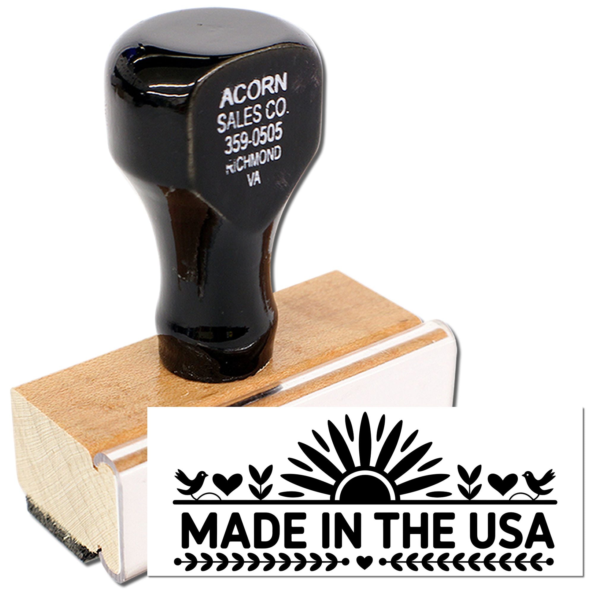 Custom rubber stamp with Made in the USA design for business branding and product packaging.
