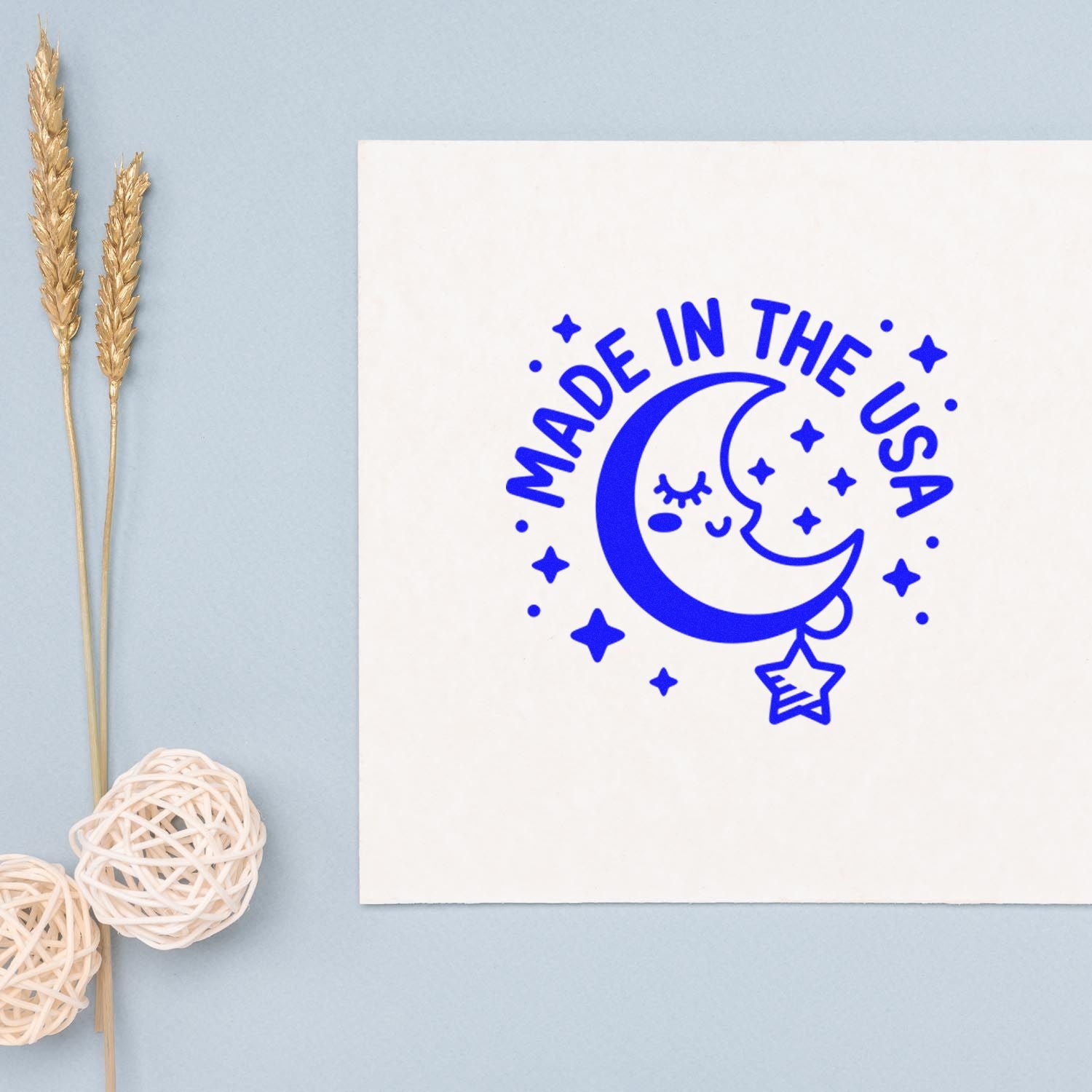 Made in the USA rubber stamp with moon and stars design, ideal for handmade packaging and branding