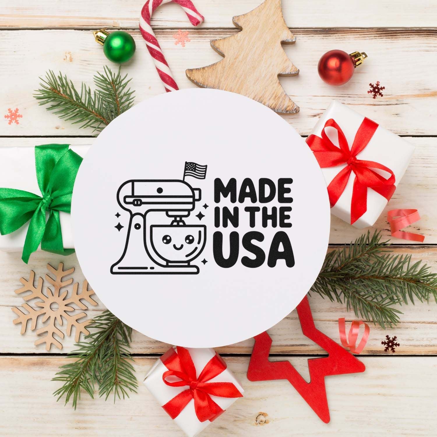 Made in USA rubber stamp design with mixer icon for patriotic handmade gifts, custom packaging, and holiday crafts.