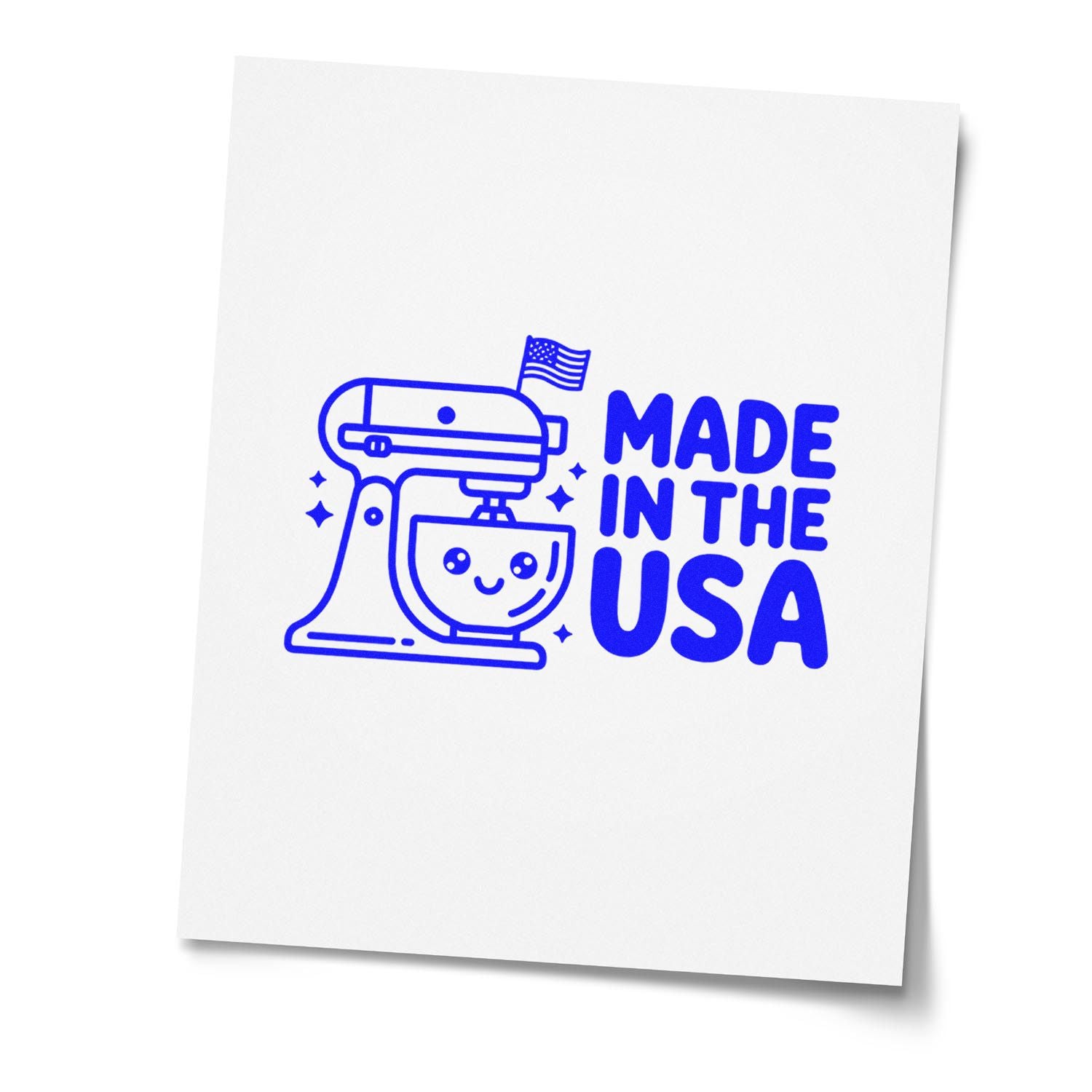 Made in the USA rubber stamp design with stand mixer icon for bakery packaging and handmade product branding.