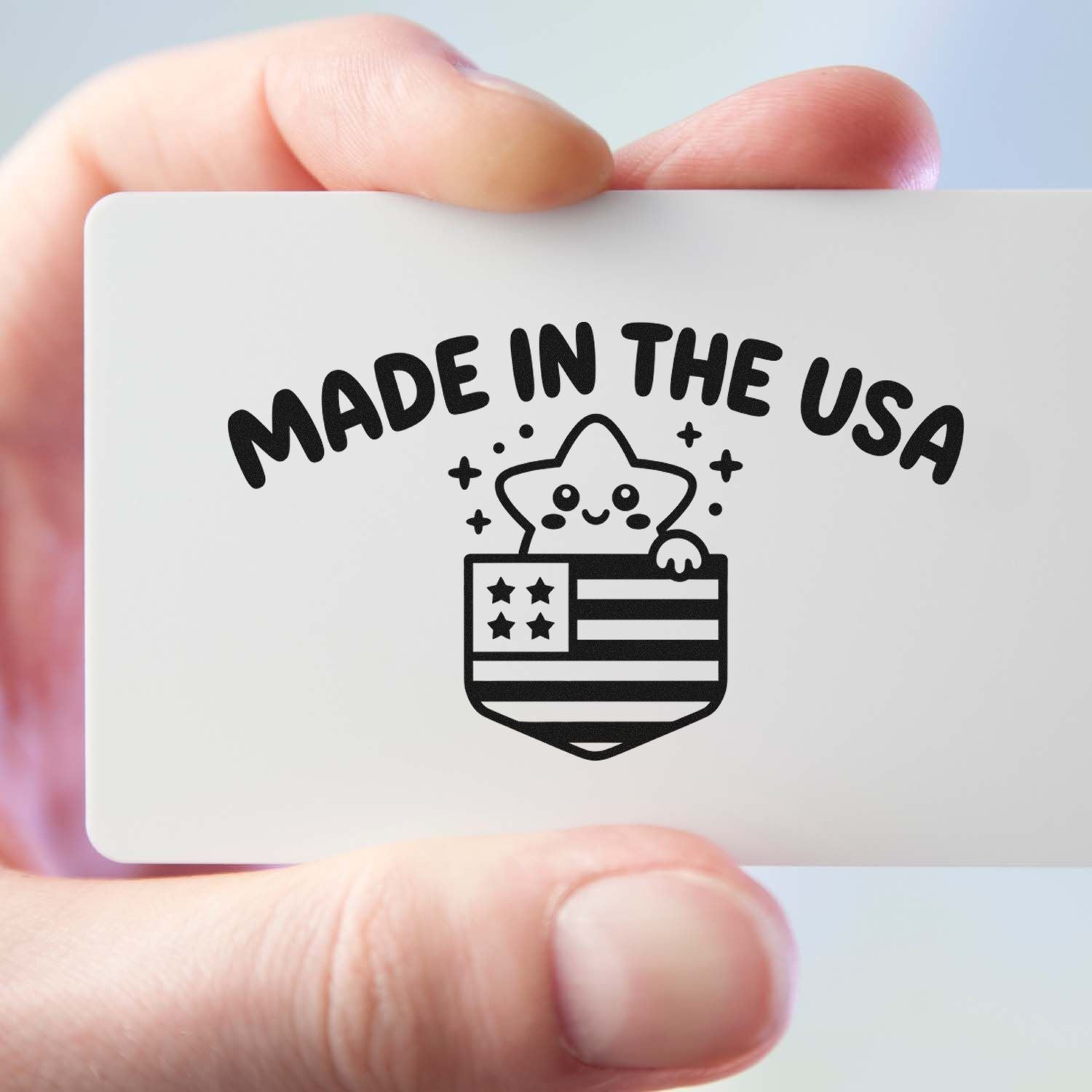 Made in the USA rubber stamp with patriotic star and American flag design for custom branding, packaging, and products.