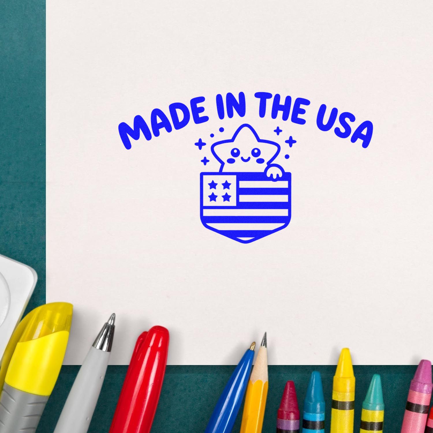 Made in the USA rubber stamp design with star mascot and patriotic shield, ideal for packaging, crafts, and branding.