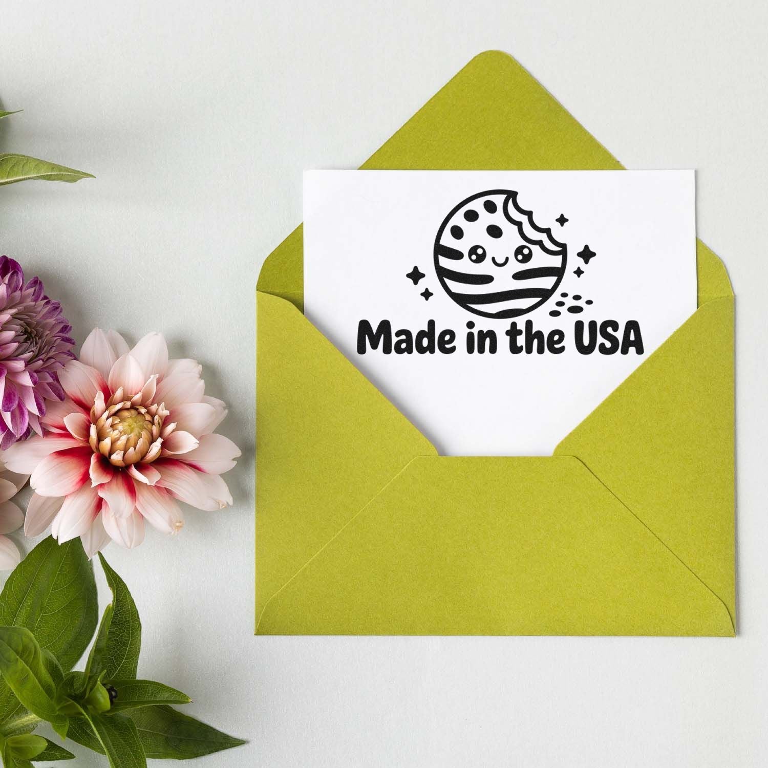 Made in the USA rubber stamp design on a card in a green envelope, ideal for handmade packaging and brand labeling.